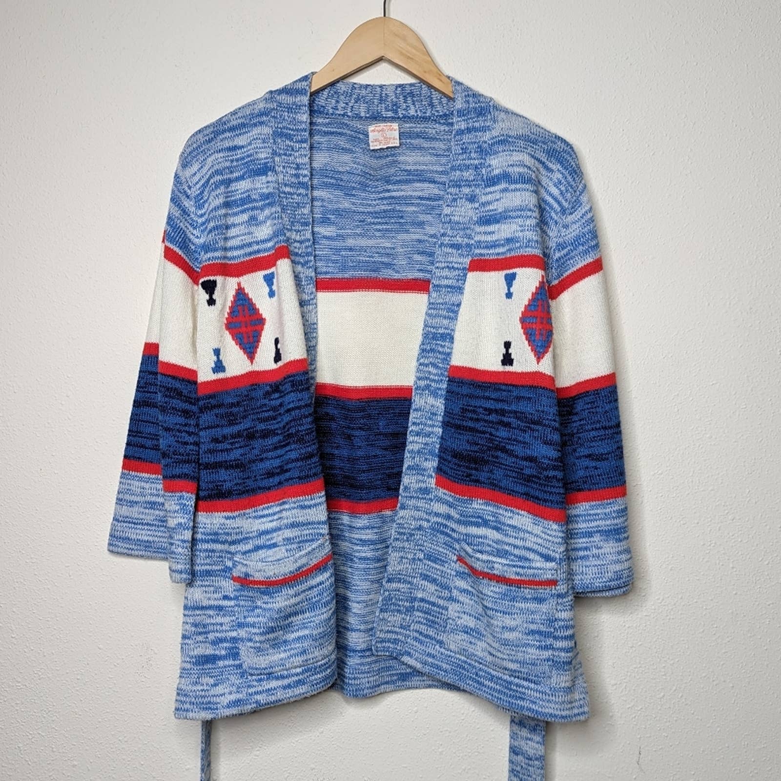 Vintage 70s Bright Western Marled Knit Belted Cardigan Sweater - Image 13