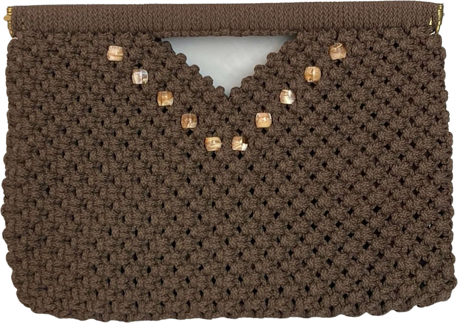 Vintage 70s Brown Beaded Macrame Knotted Clutch Purse