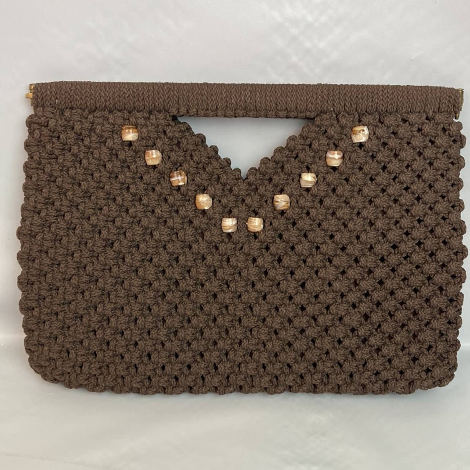 Vintage 70s Brown Beaded Macrame Knotted Clutch Purse - Image 3