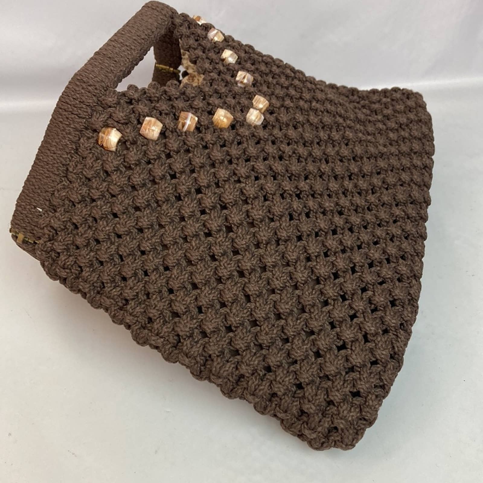 Vintage 70s Brown Beaded Macrame Knotted Clutch Purse - Image 6
