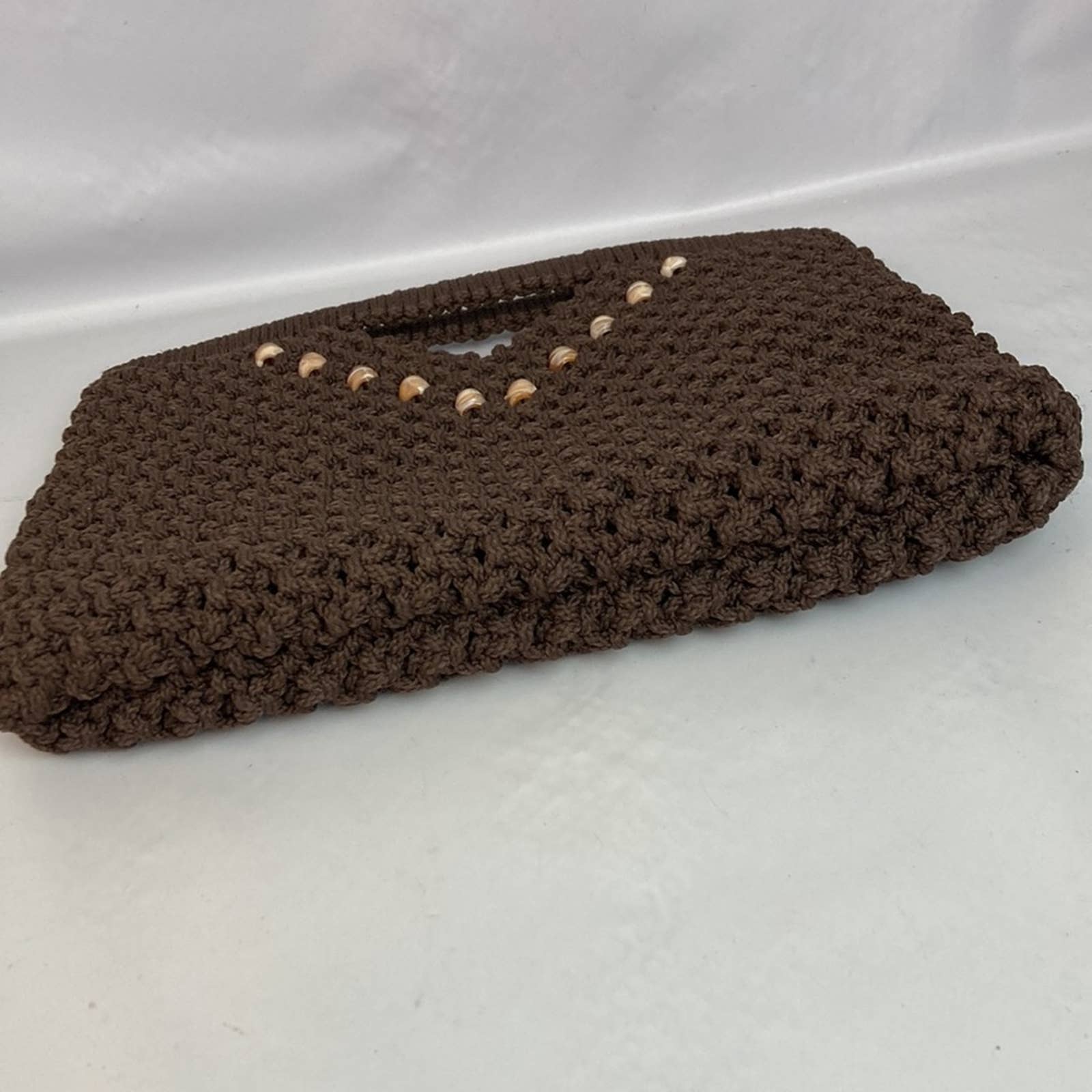 Vintage 70s Brown Beaded Macrame Knotted Clutch Purse - Image 7