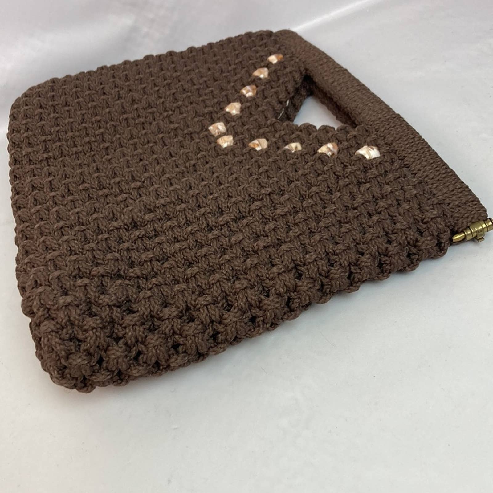 Vintage 70s Brown Beaded Macrame Knotted Clutch Purse - Image 8