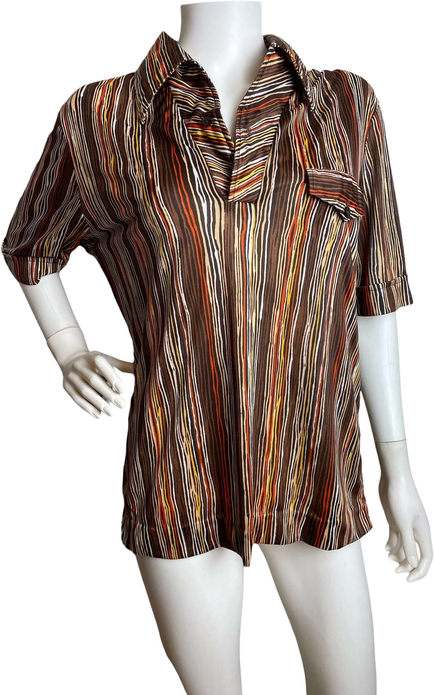 Vintage 70s Brown Orange Yellow Striped Polo Collared Short Sleeve Shirt Mens Medium Womens Large Gender Neutral Unisex