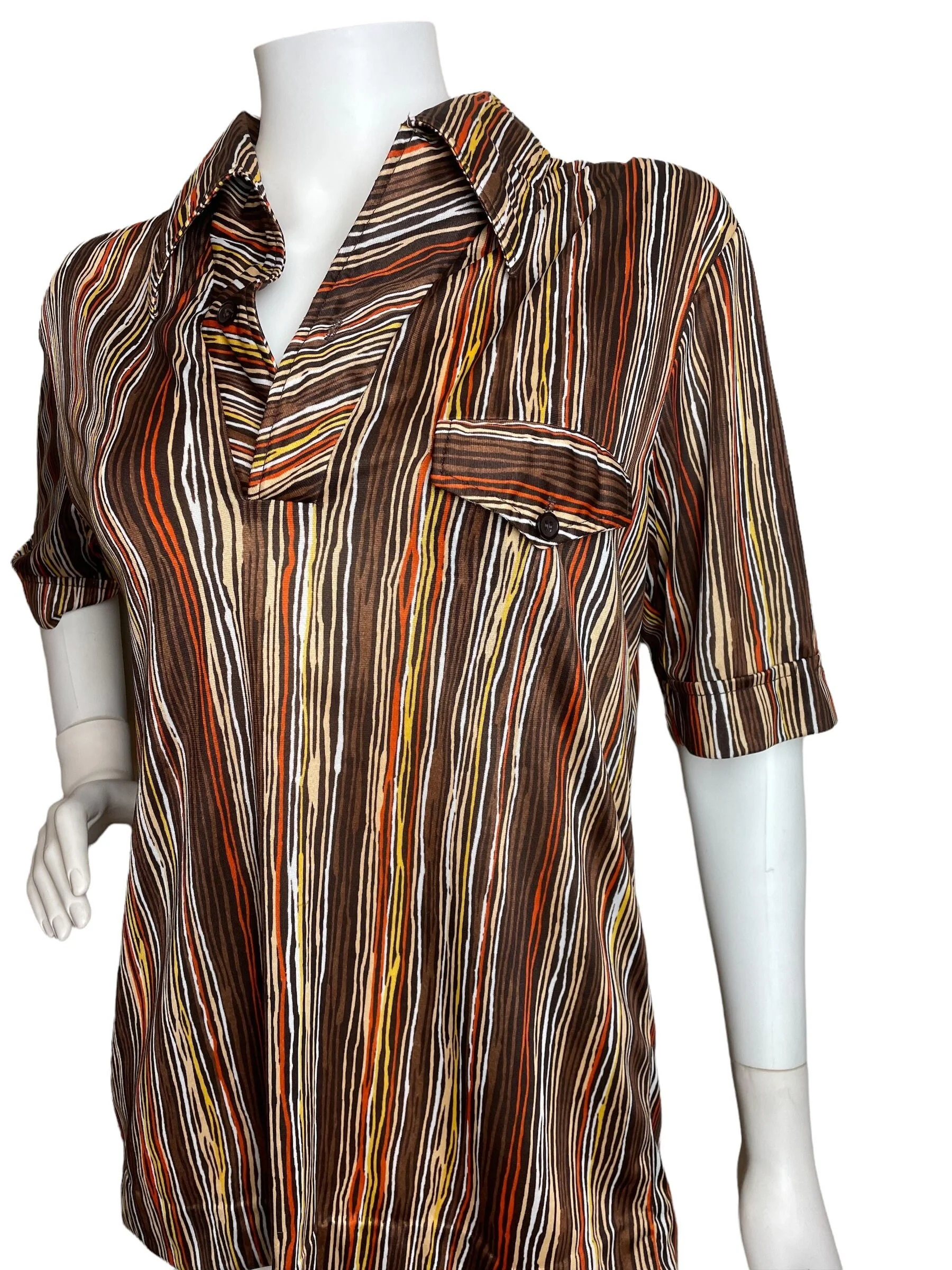 Vintage 70s Brown Orange Yellow Striped Polo Collared Short Sleeve Shirt Mens Medium Womens Large Gender Neutral Unisex - Image 3