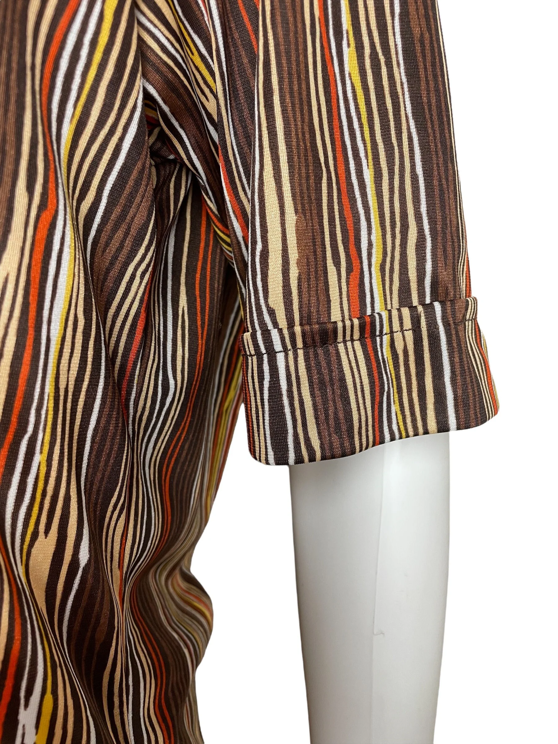 Vintage 70s Brown Orange Yellow Striped Polo Collared Short Sleeve Shirt Mens Medium Womens Large Gender Neutral Unisex - Image 4