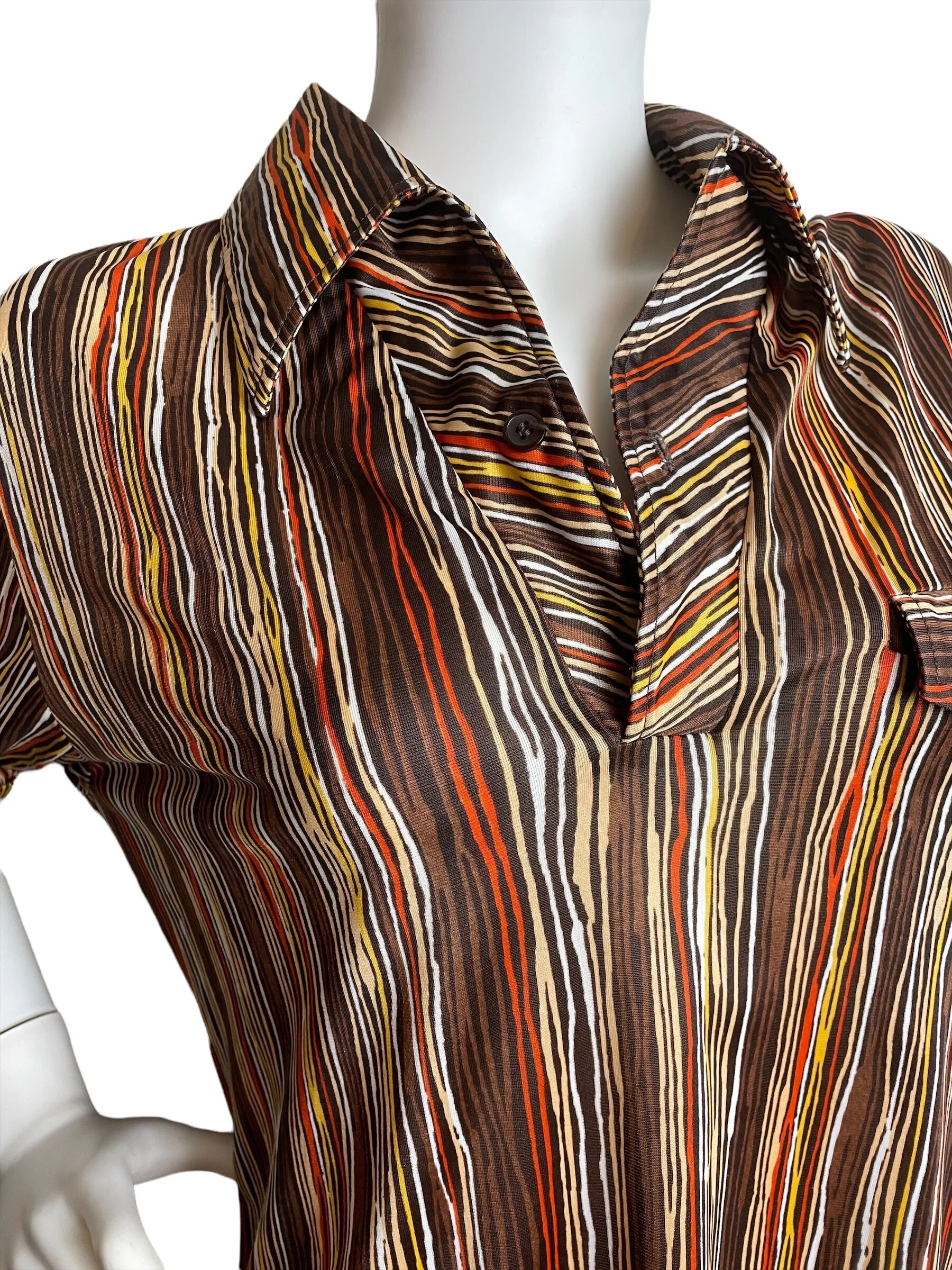 Vintage 70s Brown Orange Yellow Striped Polo Collared Short Sleeve Shirt Mens Medium Womens Large Gender Neutral Unisex - Image 5
