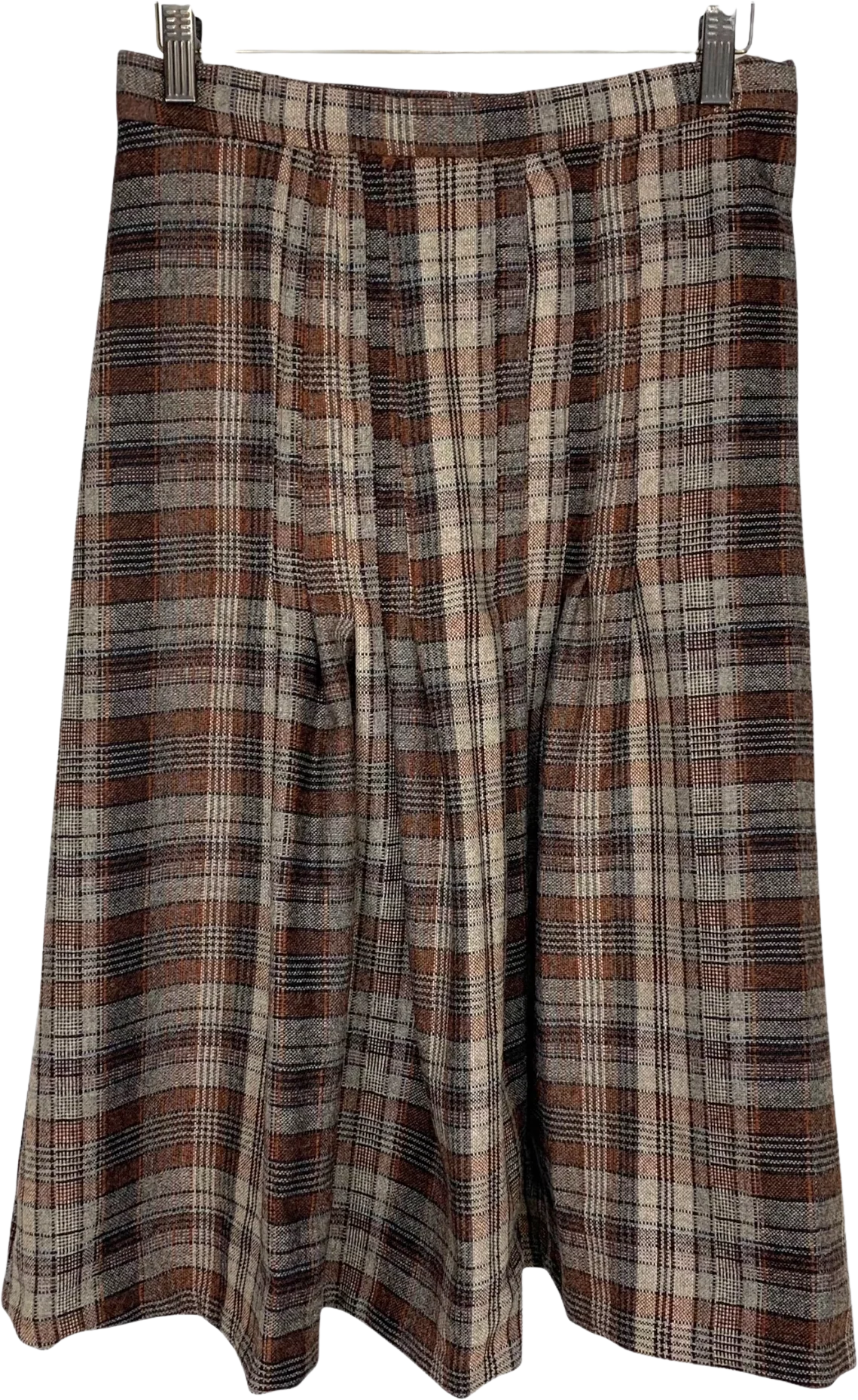 Vintage 70s Brown Plaid Pleated Below Knee Full Skirt Medium
