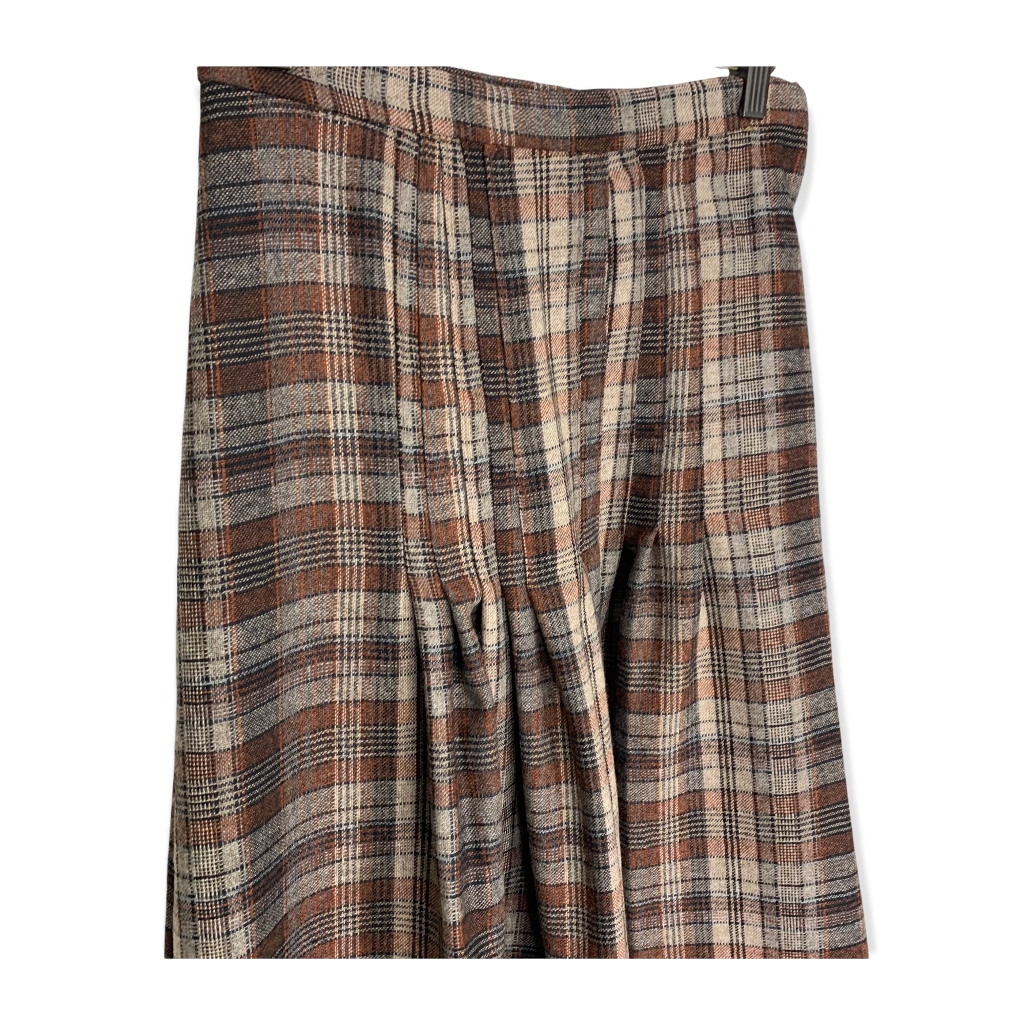 Vintage 70s Brown Plaid Pleated Below Knee Full Skirt Medium - Image 3