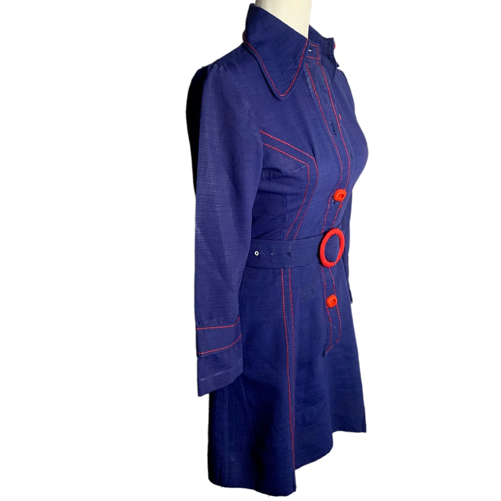 Vintage 70s Button Up Mini Shirt Dress S Blue Embroidery Stitch Long Sleeve Belt - Image 6