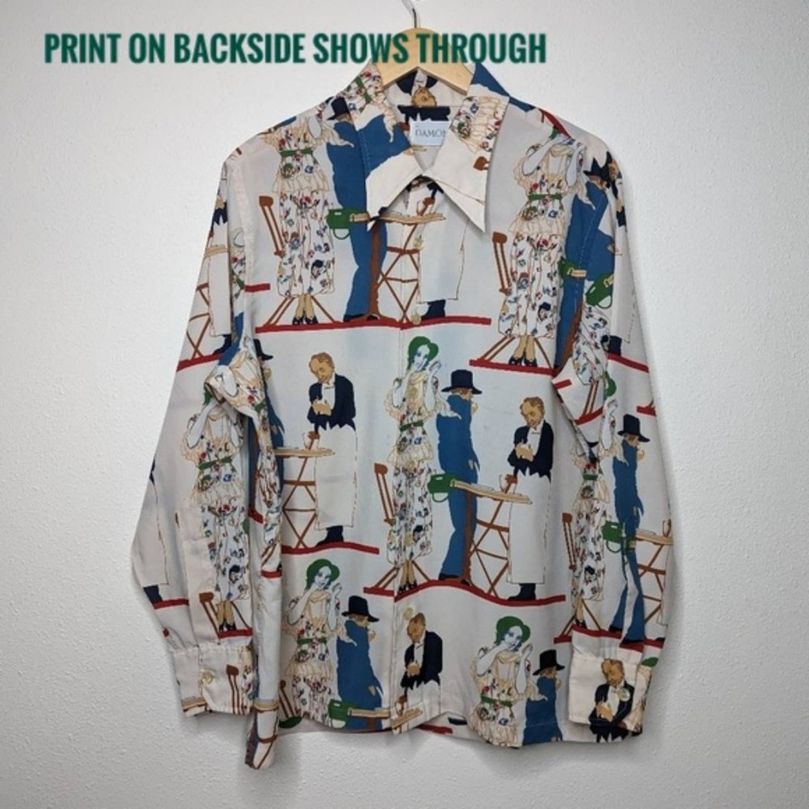 Vintage 70s Cafe Print Dagger Collar Men's Shirt by Damon - Image 3