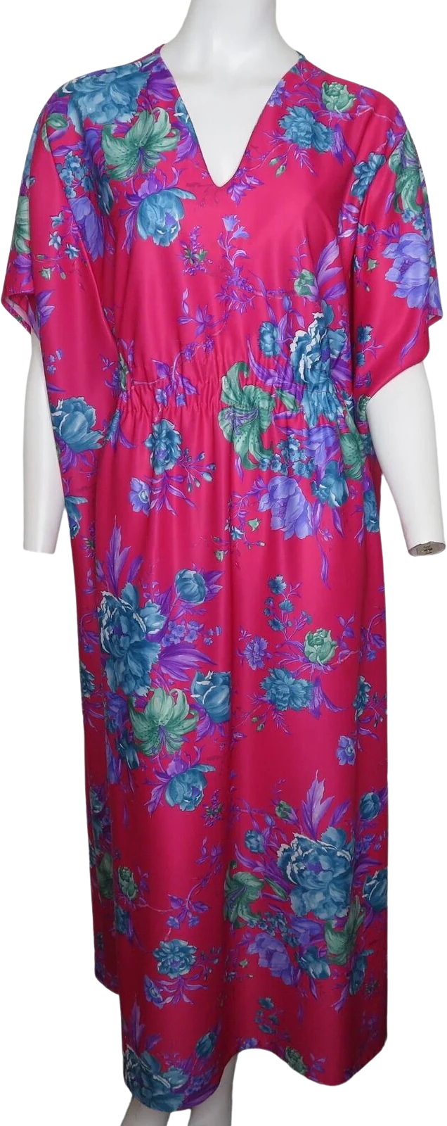 Vintage 70s Caftan Hostess Long Muumuu Maxi Dress M Pink Floral by Carriage Court