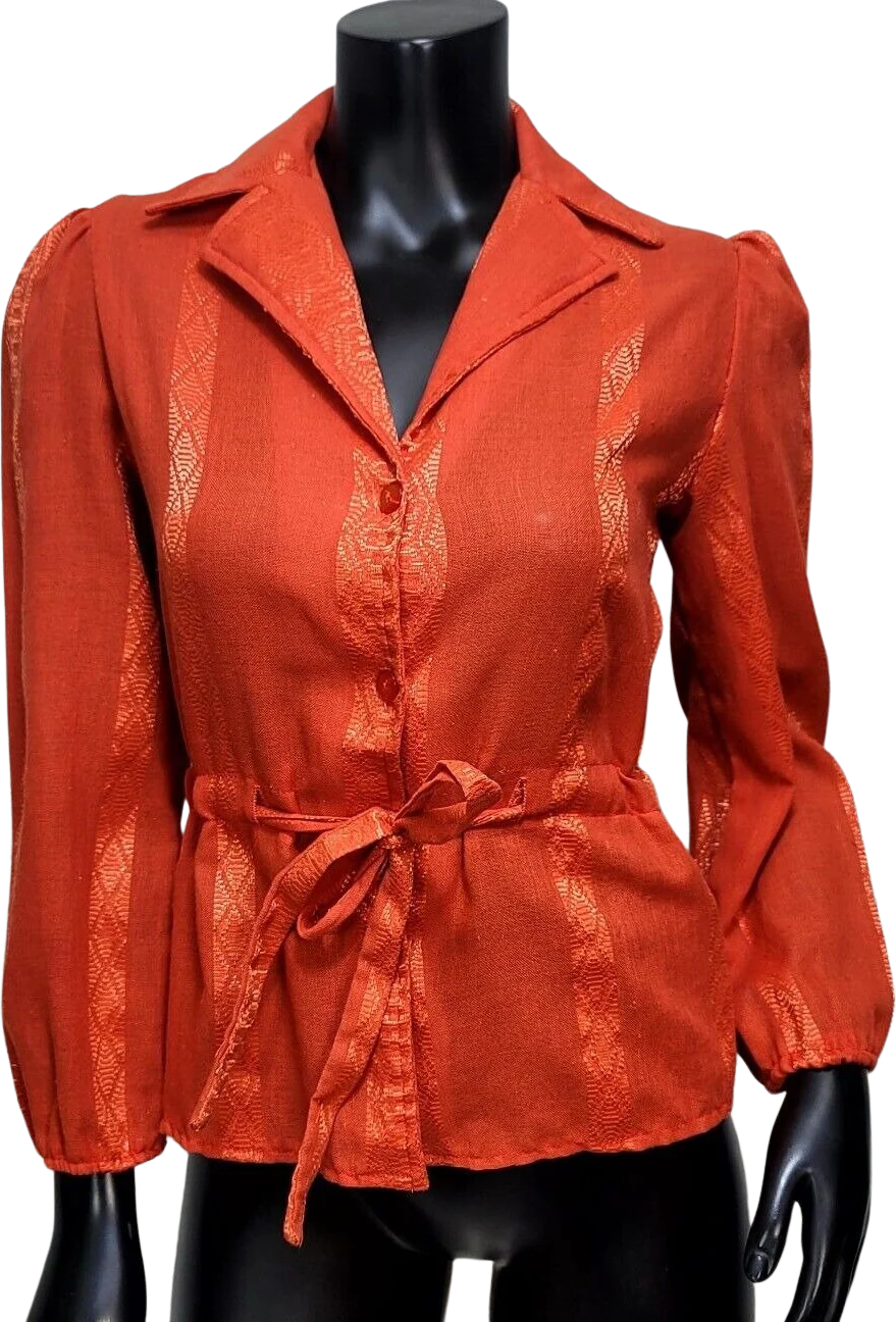 70s Orange Linen Popover Button Front Top Blouse By Casey's Place