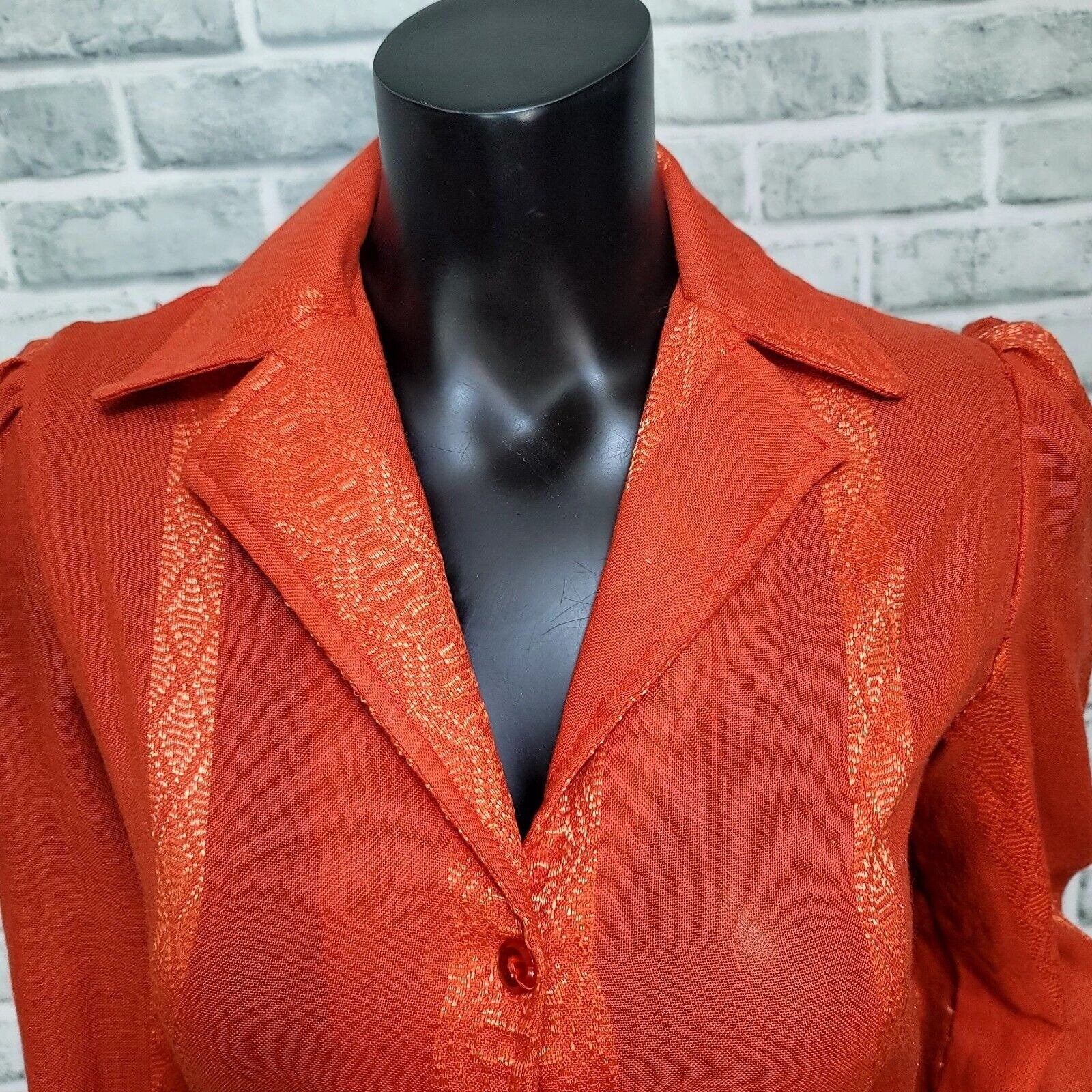 70s Orange Linen Popover Button Front Top Blouse By Casey's Place - Image 3