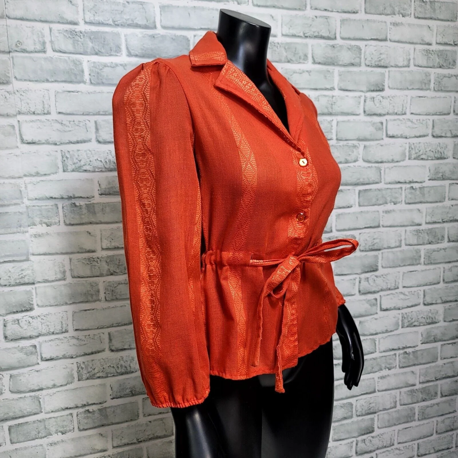 70s Orange Linen Popover Button Front Top Blouse By Casey's Place - Image 6