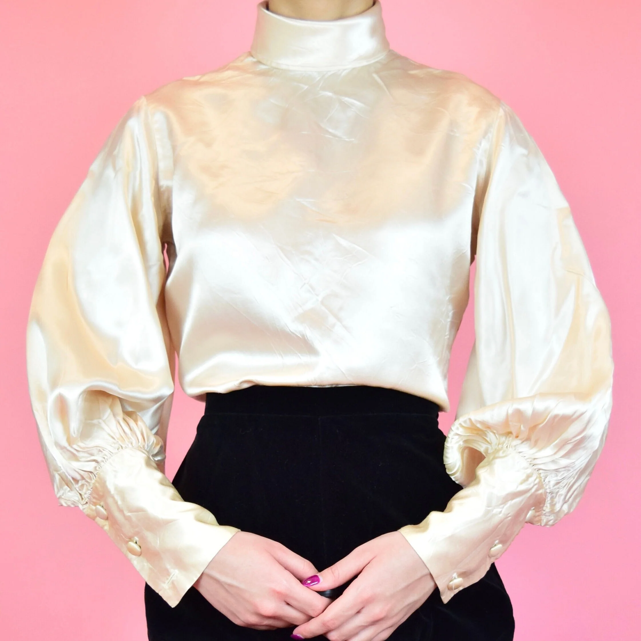 Vintage 70s Champagne Rose Gold Silky Blouse - Image 2