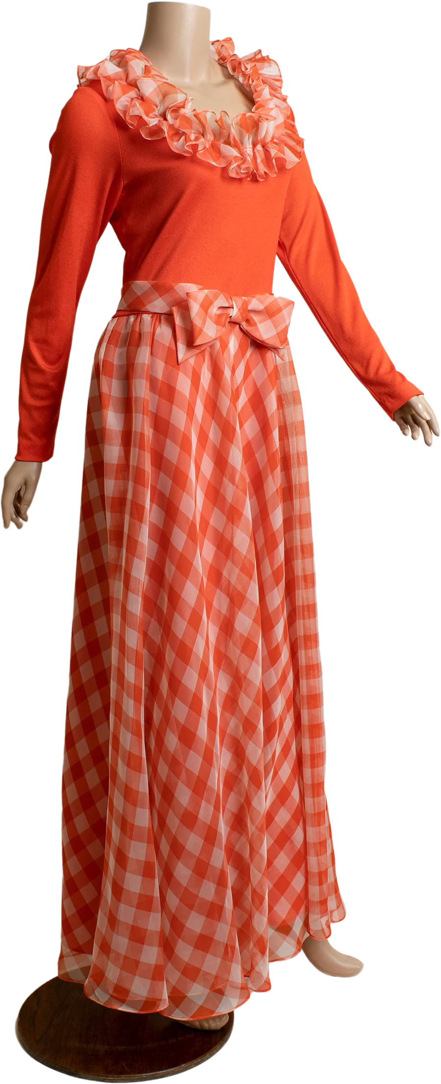 Vintage 70s Checkered Maxi Dress - Sheer Nylon Floor Length Gown with Ruffle Neckline - Red Orange - Medium Large by Miss Elliette