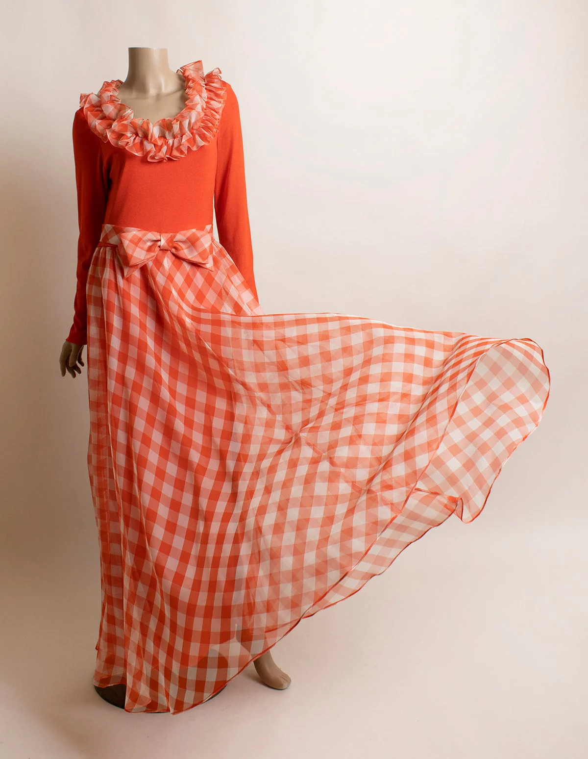 Vintage 70s Checkered Maxi Dress - Sheer Nylon Floor Length Gown with Ruffle Neckline - Red Orange - Medium Large by Miss Elliette - Image 4
