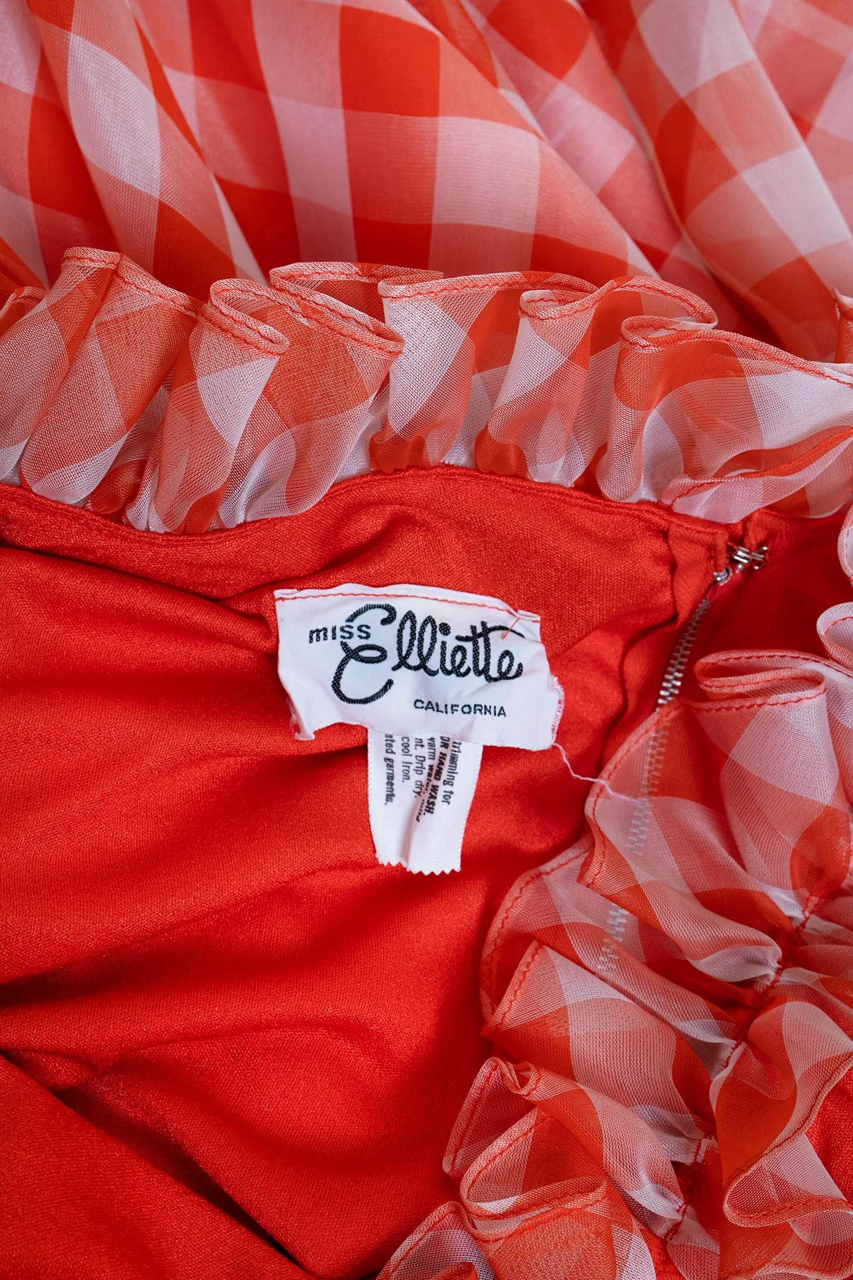 Vintage 70s Checkered Maxi Dress - Sheer Nylon Floor Length Gown with Ruffle Neckline - Red Orange - Medium Large by Miss Elliette - Image 9