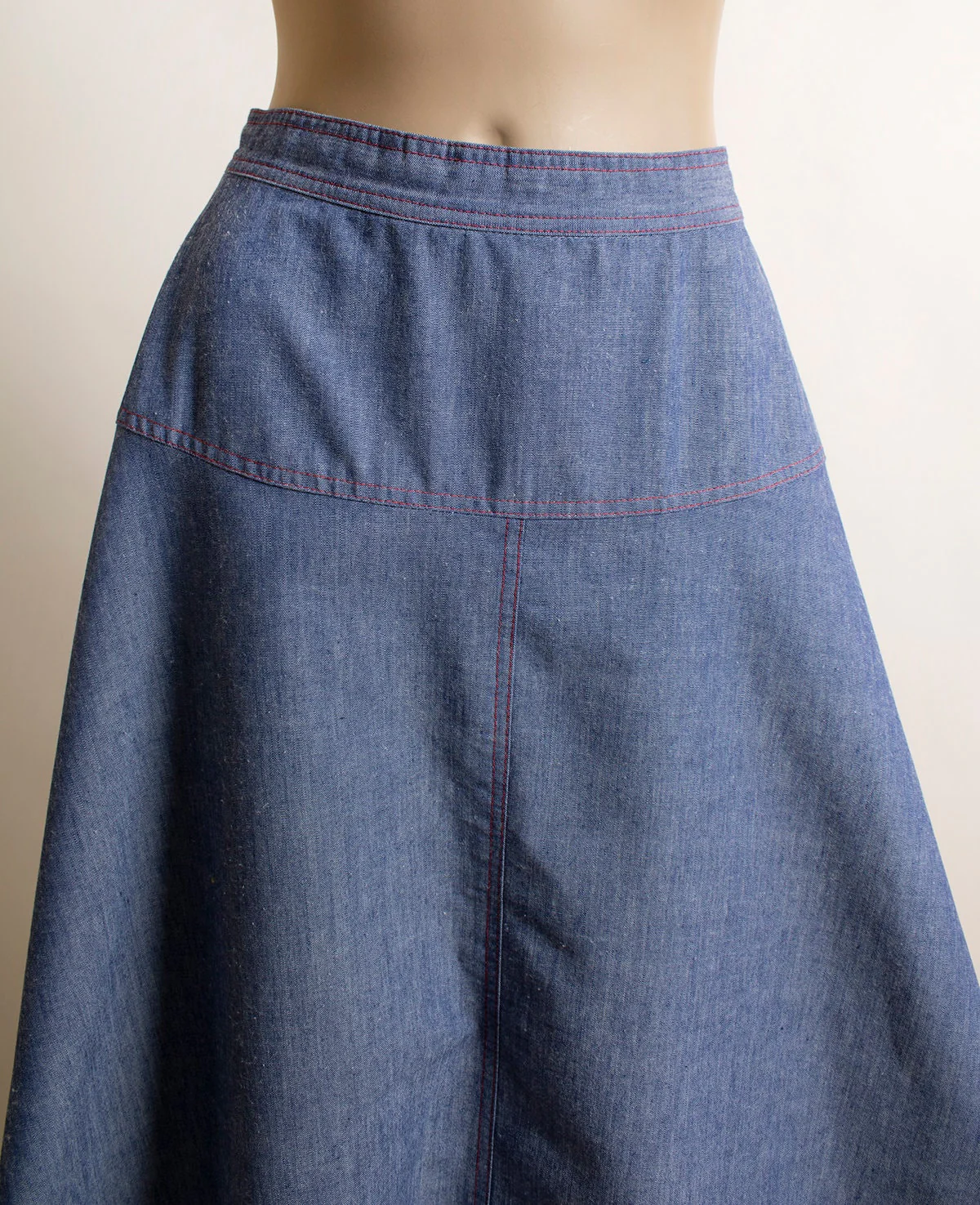 Vintage 70s Cotton Jean Skirt Blue Denim Look Red Stitch Details - Image 6