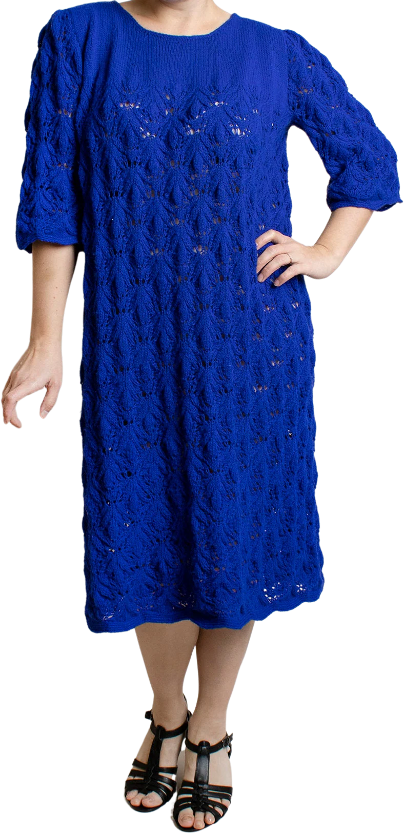 Vintage 70s Crochet Bold Royal Blue Tunic Dress with Half Length Bell Style Sleeve - Image 3