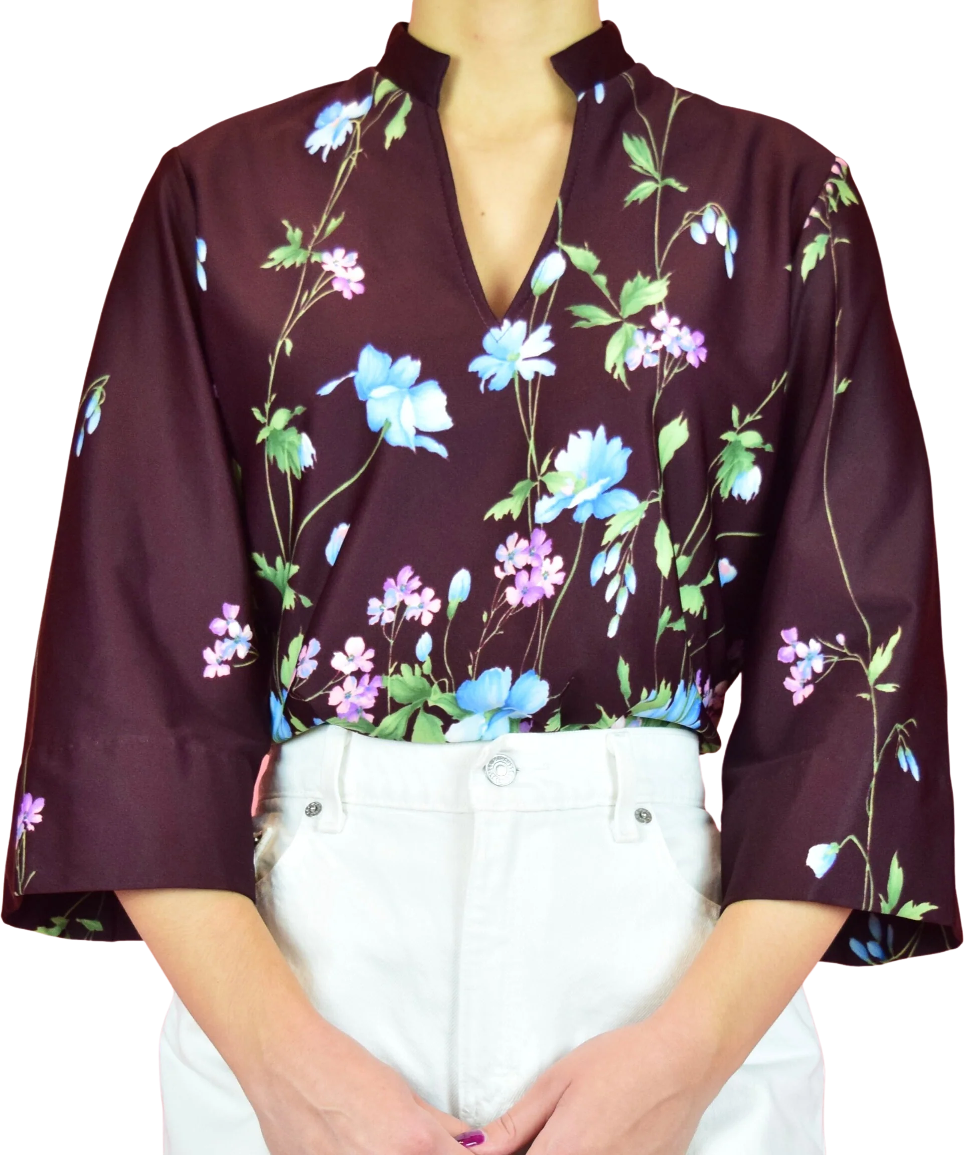 Vintage 70s Dark Red Purple Floral Tunic Blouse by Teddi of California