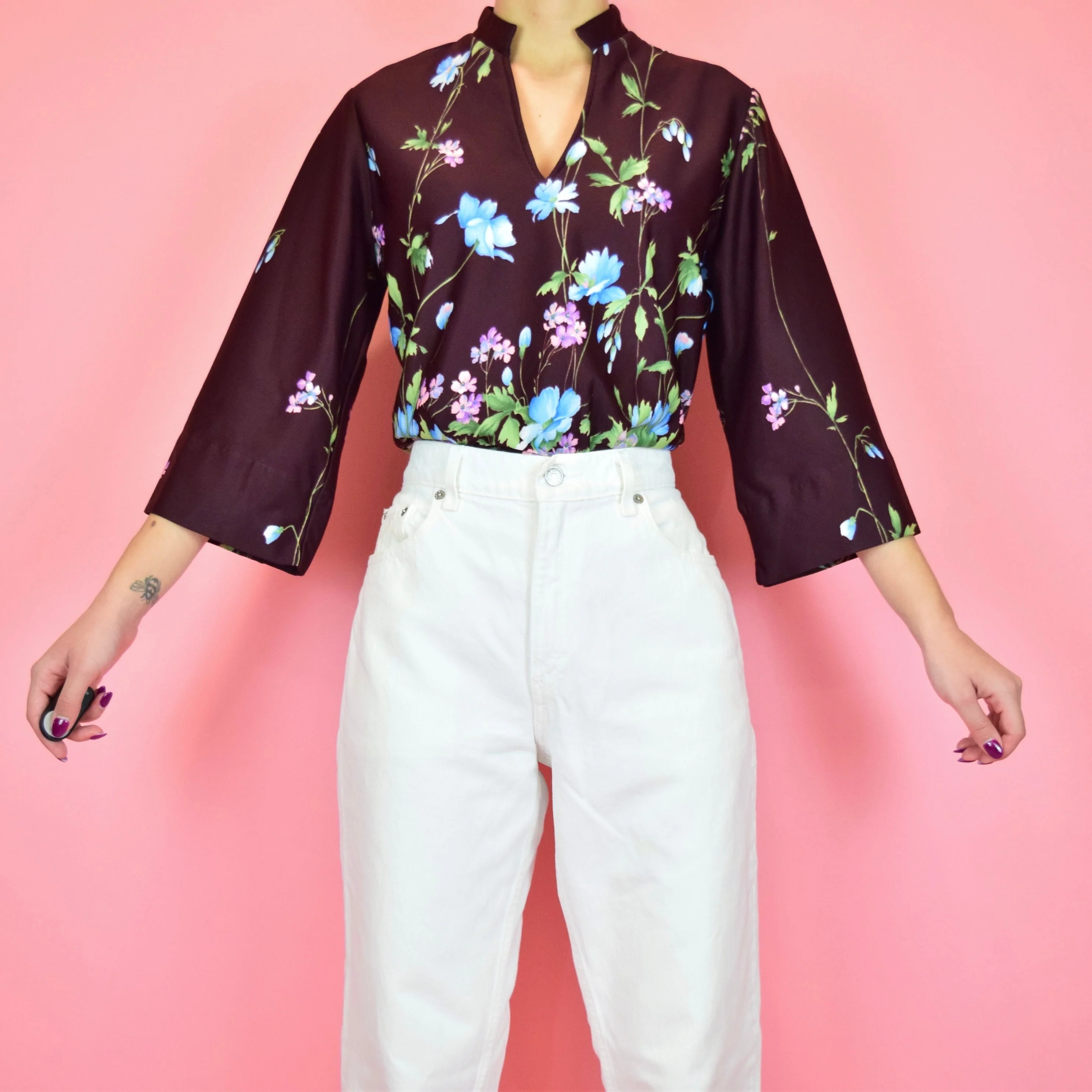 Vintage 70s Dark Red Purple Floral Tunic Blouse by Teddi of California - Image 3