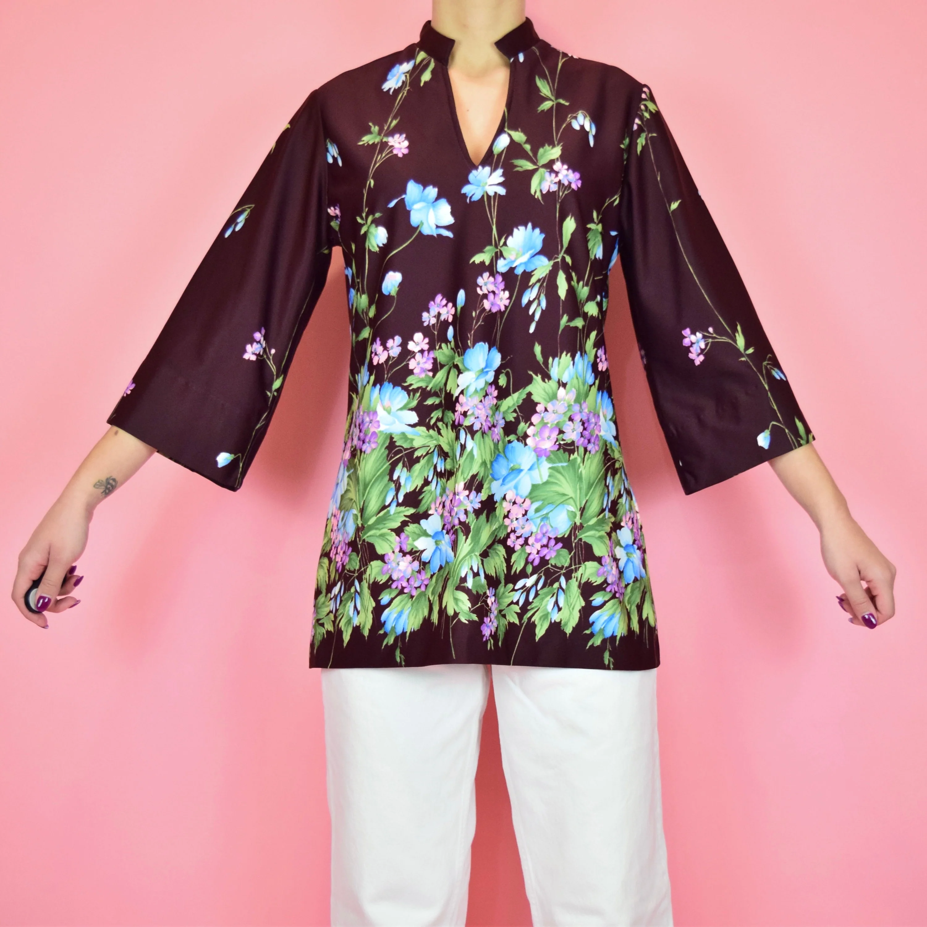 Vintage 70s Dark Red Purple Floral Tunic Blouse by Teddi of California - Image 4