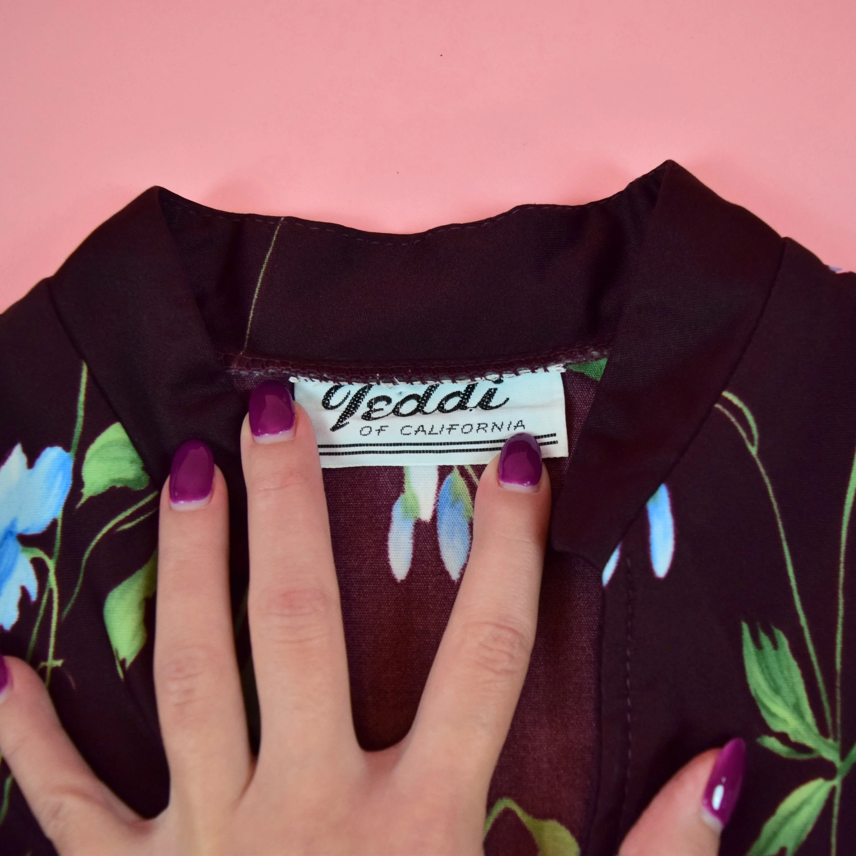 Vintage 70s Dark Red Purple Floral Tunic Blouse by Teddi of California - Image 5