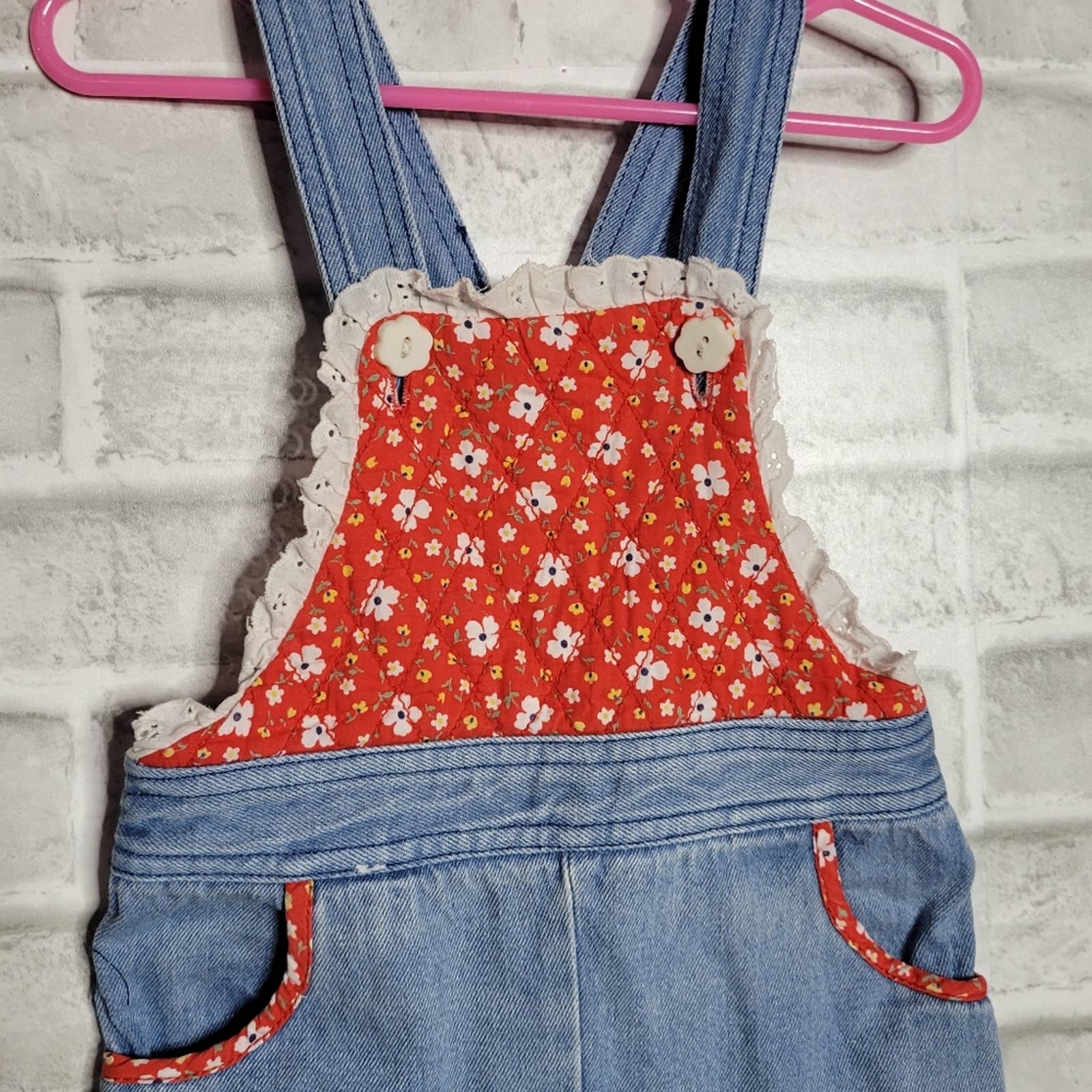 Vintage 70s Denim and Quilted Red Floral Eyelet Lace Overalls by K-Mart - Image 3