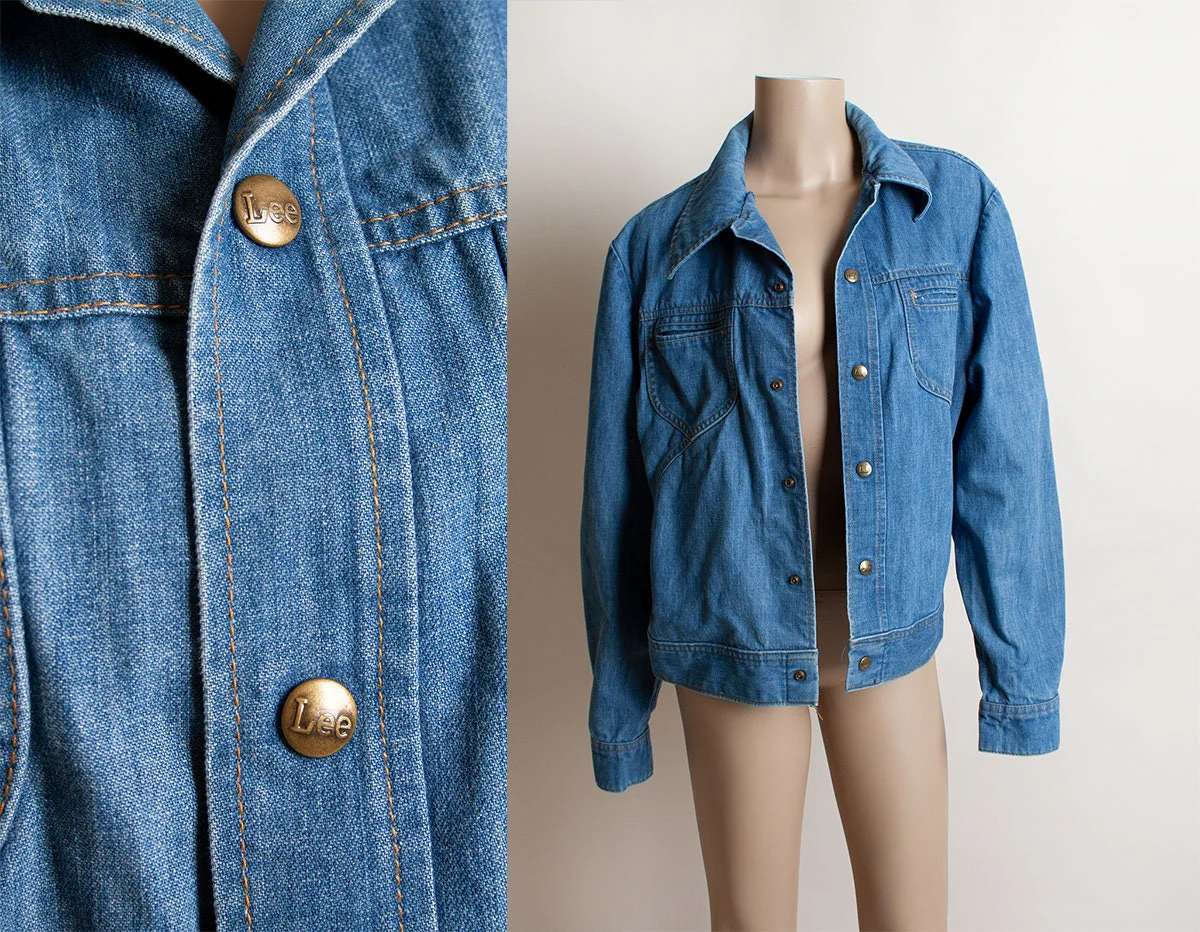 Vintage 70s Denim Jacket Et Medium Blue Jean Jacket Mens Unisex Snap Button Front Medium Large by Lee - Image 3