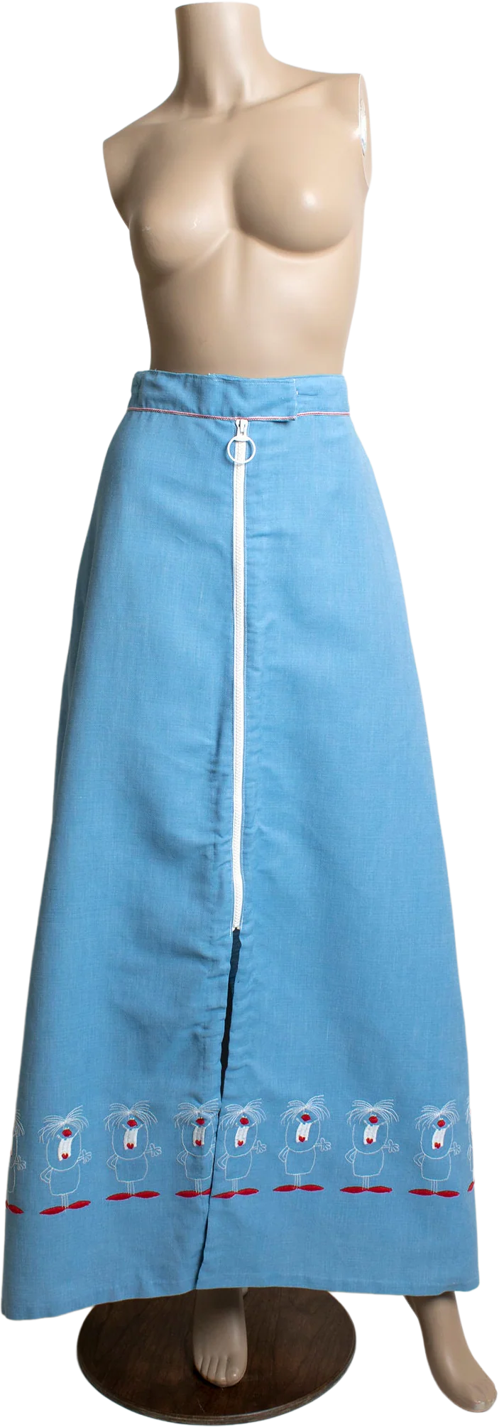Vintage 70s Denim Look Cotton Floor Length Skirt with Embroidered Funny Guy Border Print