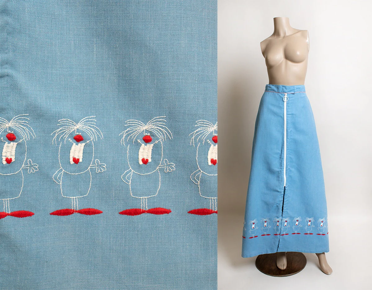 Vintage 70s Denim Look Cotton Floor Length Skirt with Embroidered Funny Guy Border Print - Image 3