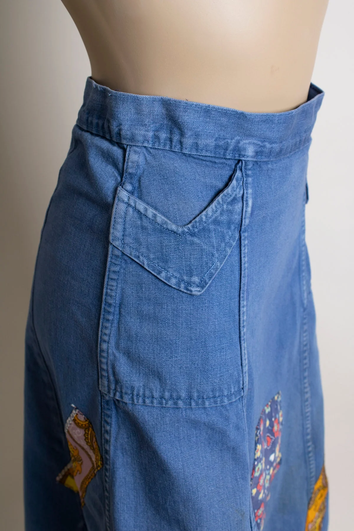 Vintage 70s Denim Skirt 70s Jean Patchwork Flare Skirt Small 26" Waist - Image 8