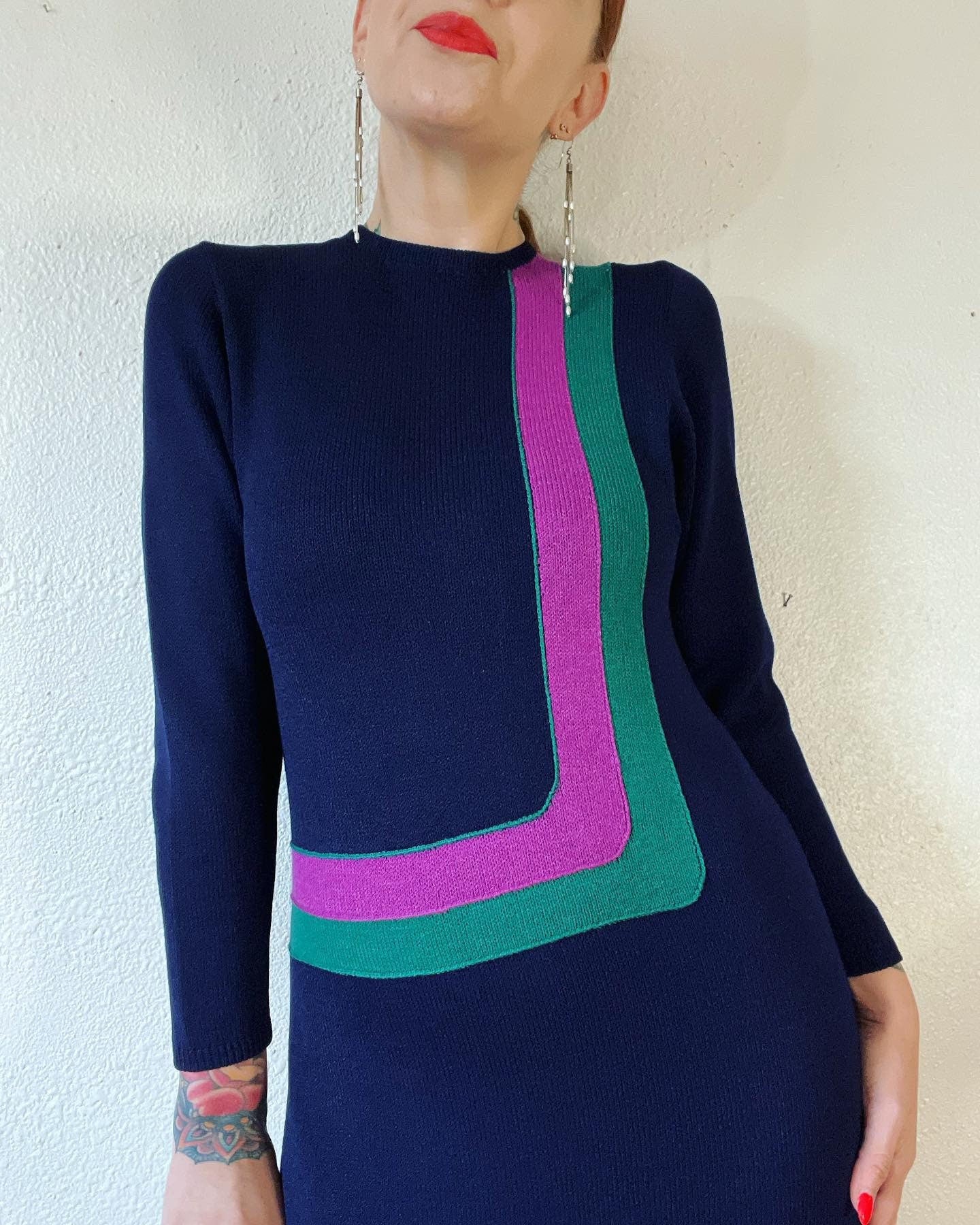 Vintage 70s Designer St. John Navy Sweater Dress with Bold Mod Magenta and Teal Contrast by St. John - Image 3