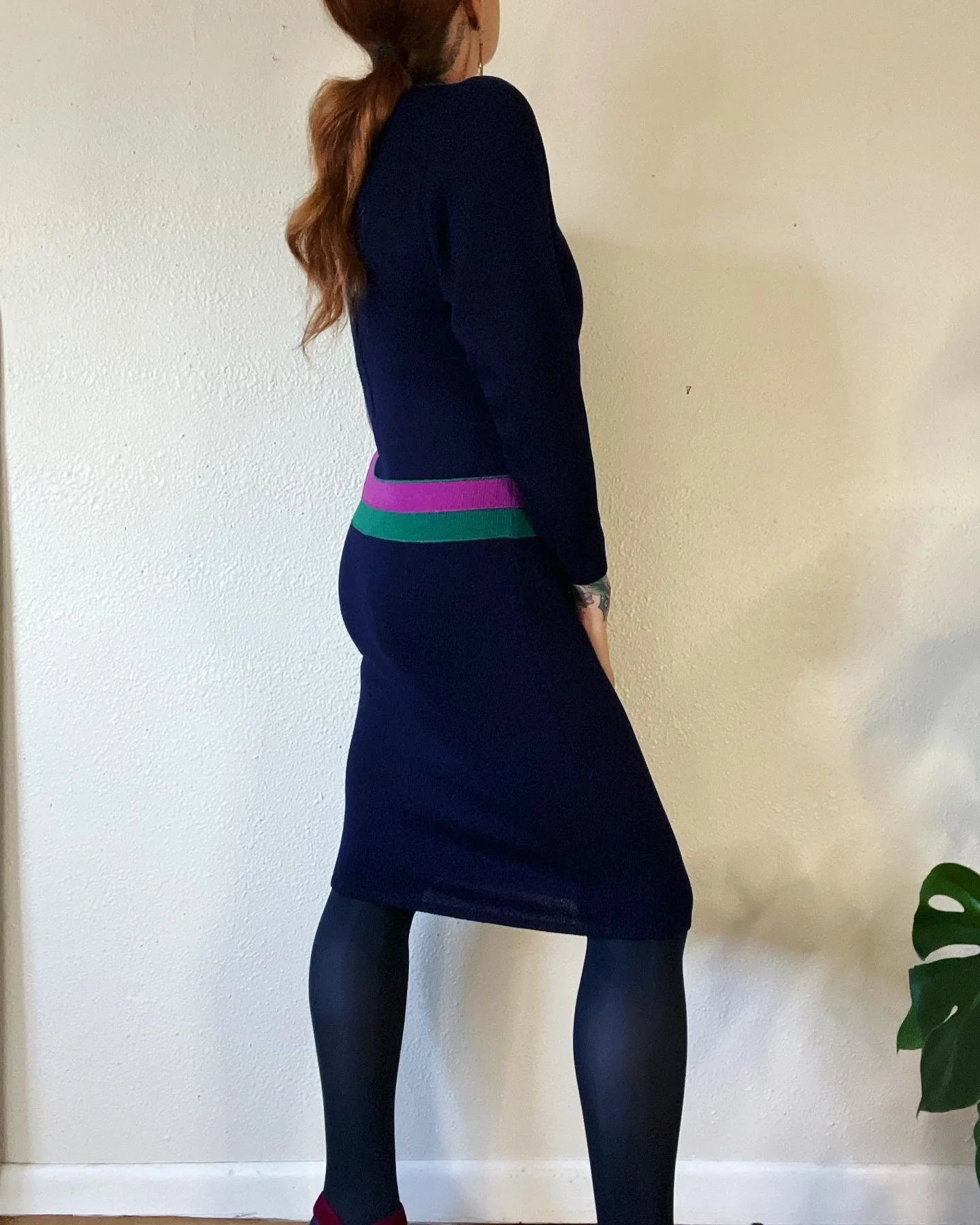 Vintage 70s Designer St. John Navy Sweater Dress with Bold Mod Magenta and Teal Contrast by St. John - Image 4