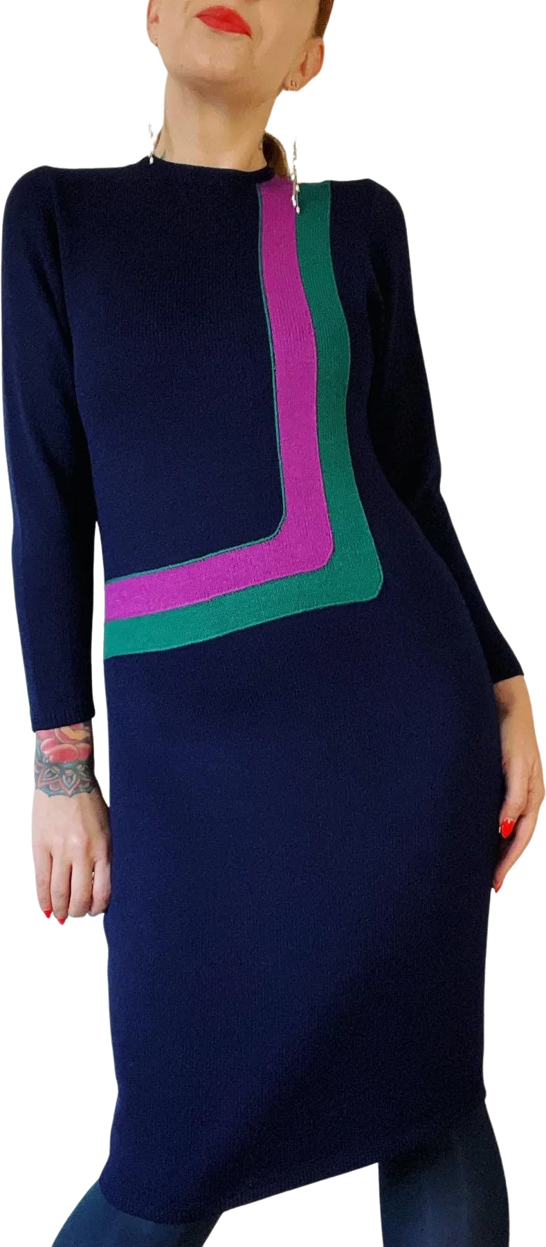 Vintage 70s Designer St. John Navy Sweater Dress with Bold Mod Magenta and Teal Contrast by St. John - Image 5