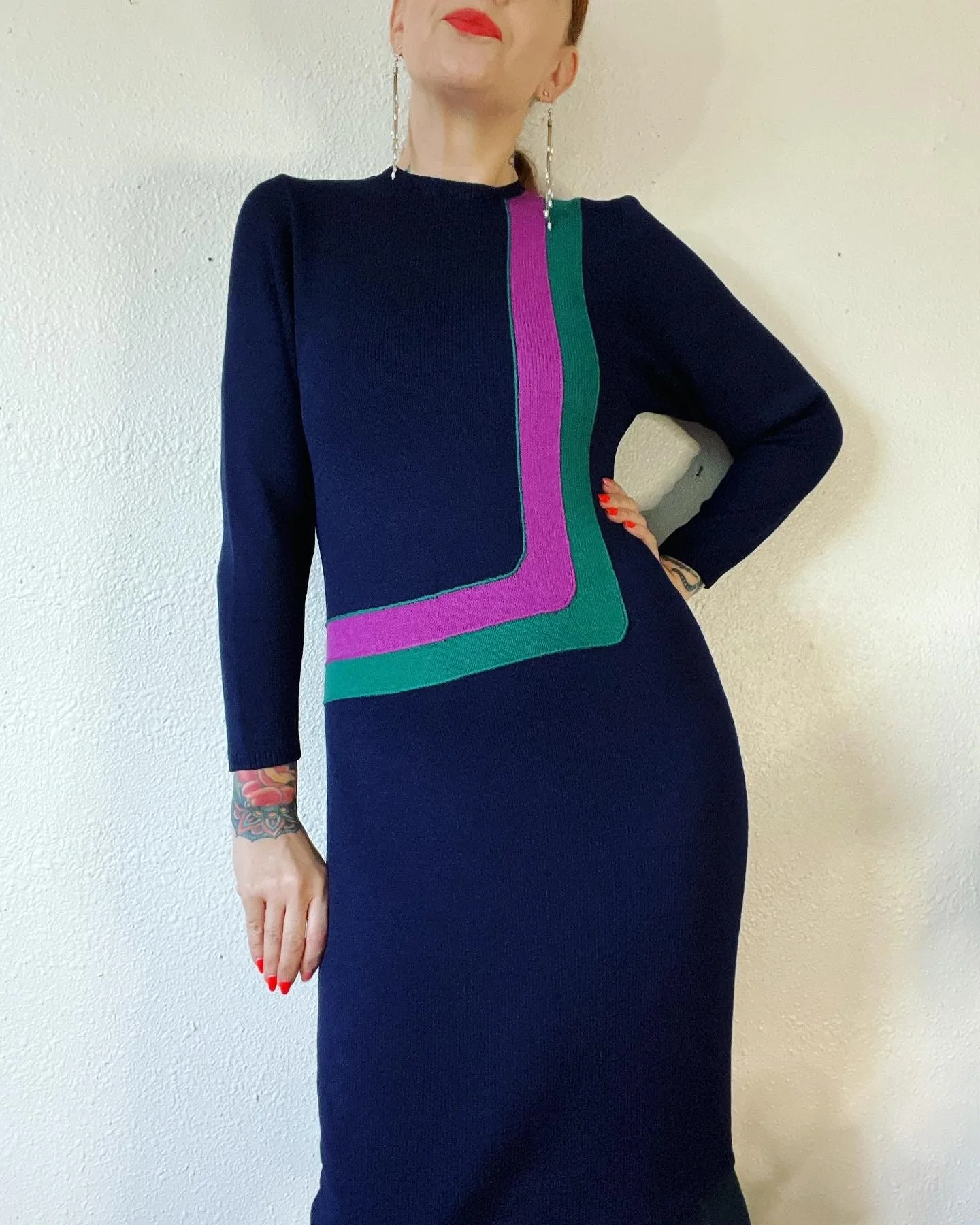 Vintage 70s Designer St. John Navy Sweater Dress with Bold Mod Magenta and Teal Contrast by St. John - Image 7
