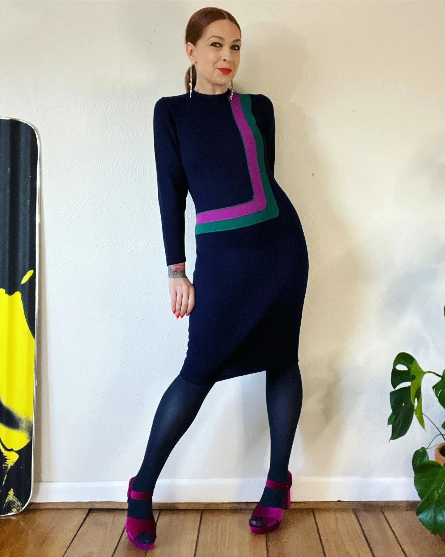 Vintage 70s Designer St. John Navy Sweater Dress with Bold Mod Magenta and Teal Contrast by St. John - Image 9