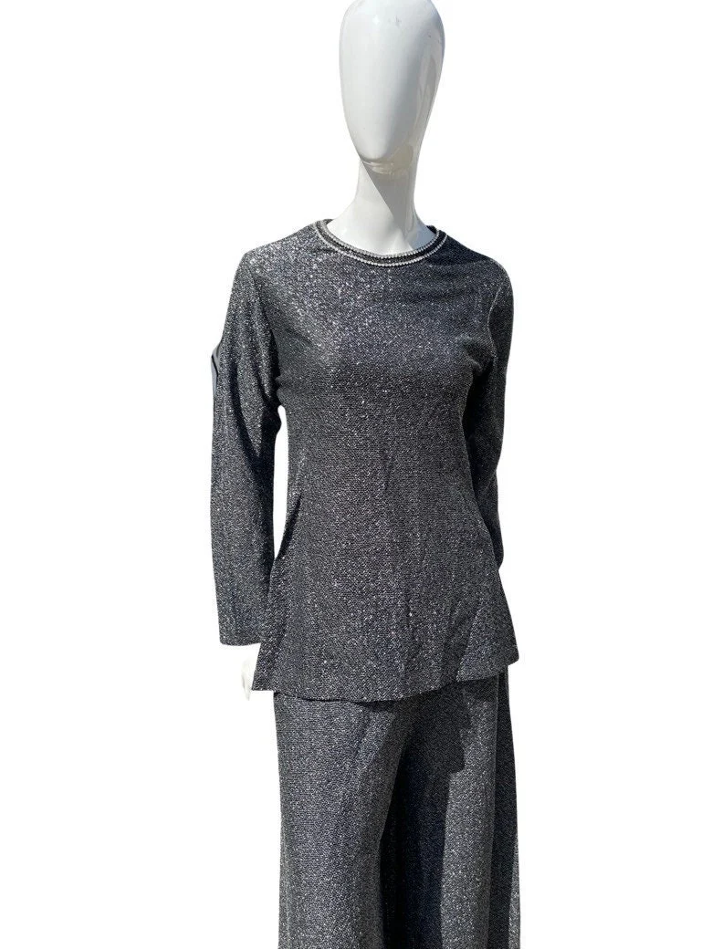 Vintage 70s Disco Bell Bottom Pants and Top Set Ensemble Palazzo Pants Loll Ease and Embellished Tunic Top Size M Partt Pantsuit by Loll Ease - Image 4