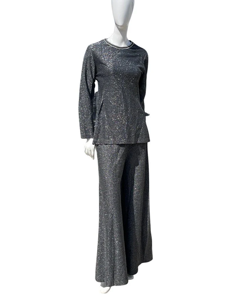 Vintage 70s Disco Bell Bottom Pants and Top Set Ensemble Palazzo Pants Loll Ease and Embellished Tunic Top Size M Partt Pantsuit by Loll Ease - Image 9