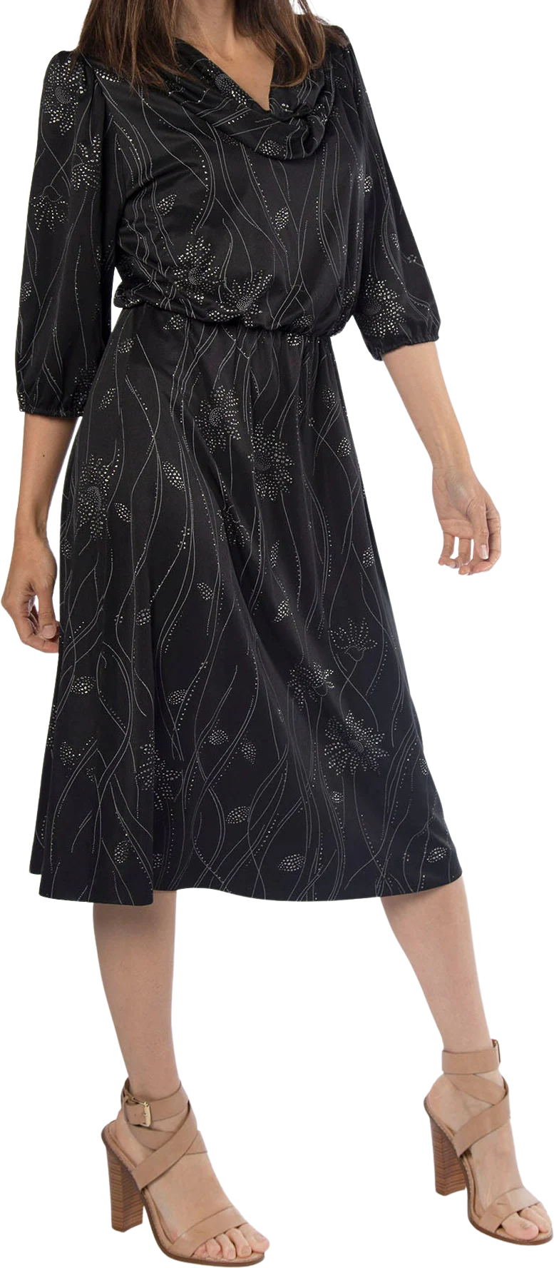 Vintage 70s Disco Black Sleek Dress with Silver Floral Glitter Fireworks Design