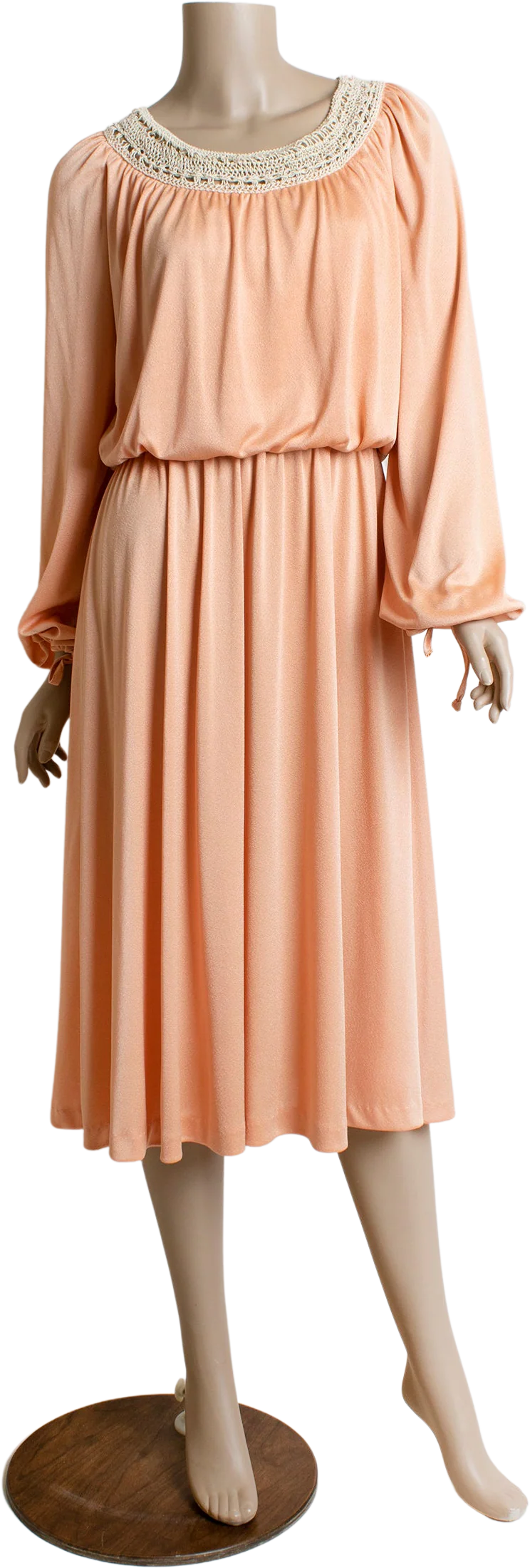 Vintage 70s Disco Dress Peach Slinky Long Sleeve Crochet Neckline Fluttery Disco Dancing Dress Goddess Medium by Jody of California