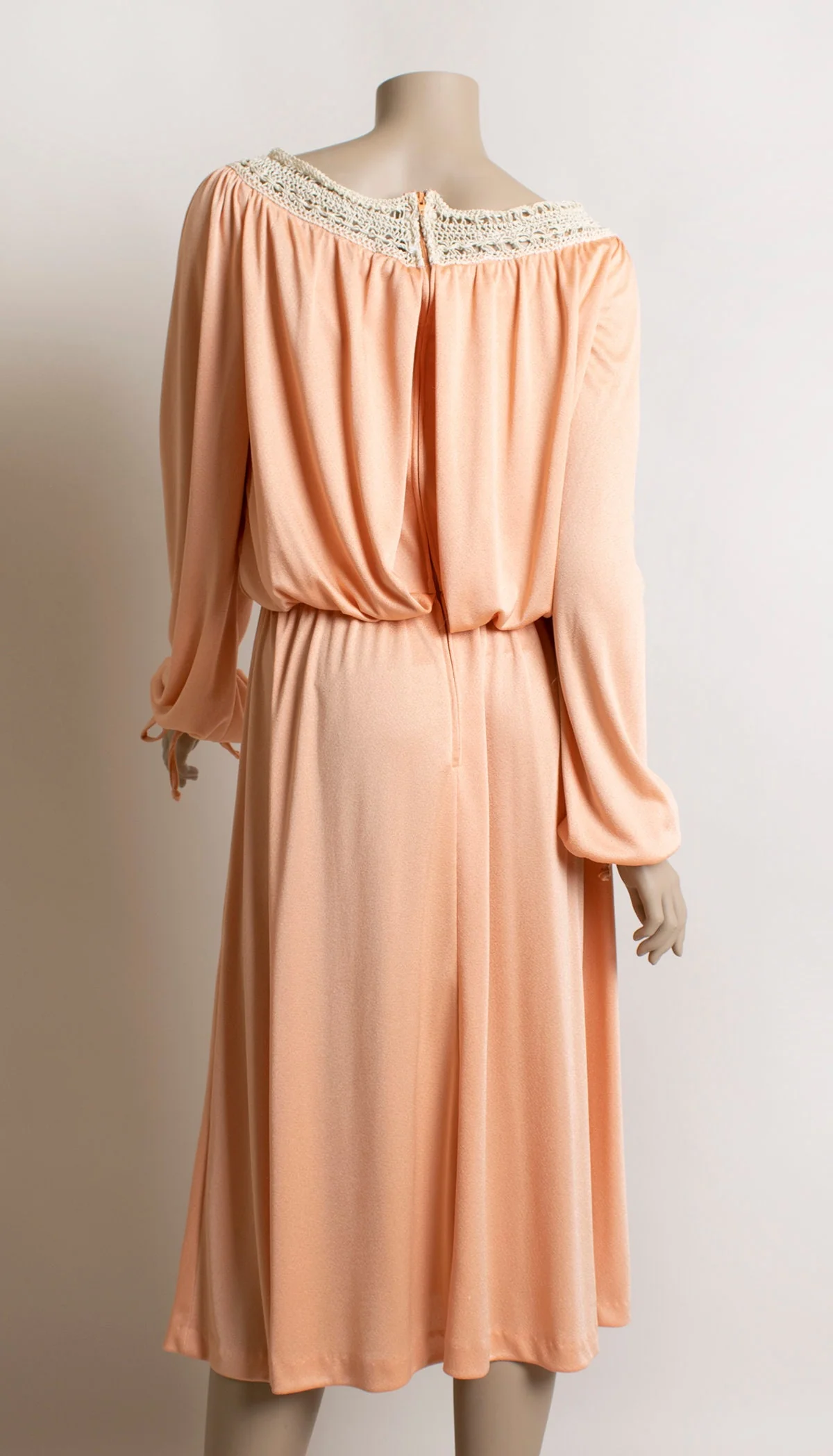 Vintage 70s Disco Dress Peach Slinky Long Sleeve Crochet Neckline Fluttery Disco Dancing Dress Goddess Medium by Jody of California - Image 2