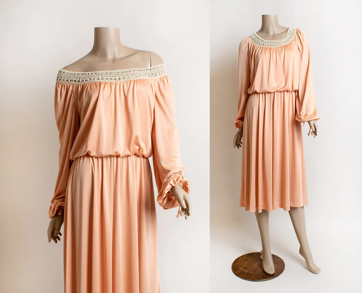 Vintage 70s Disco Dress Peach Slinky Long Sleeve Crochet Neckline Fluttery Disco Dancing Dress Goddess Medium by Jody of California - Image 3