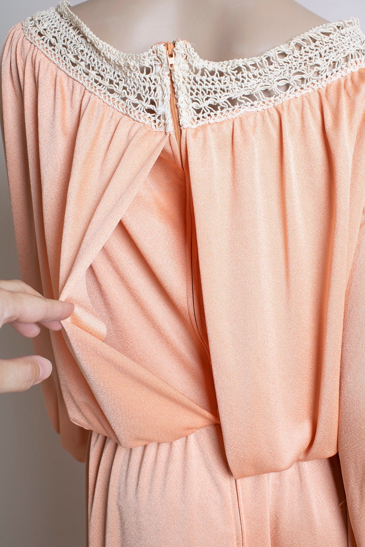 Vintage 70s Disco Dress Peach Slinky Long Sleeve Crochet Neckline Fluttery Disco Dancing Dress Goddess Medium by Jody of California - Image 5