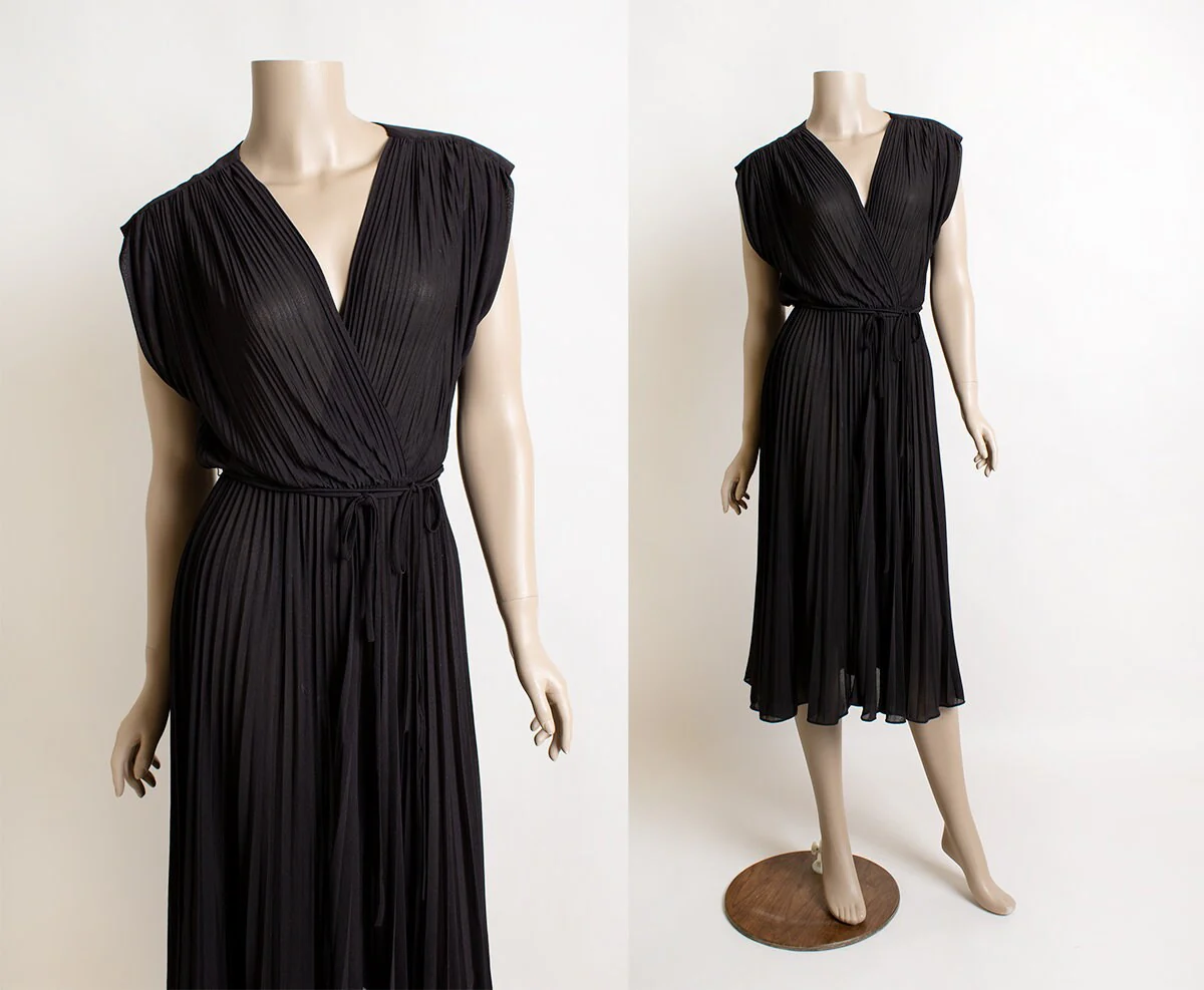 Vintage 70s Disco Dress Sheer Black Pleated Slinky Wrap Style Full Sweep Skirt Disco Dress by Jody of California Jt Small by Jody of California - Image 3