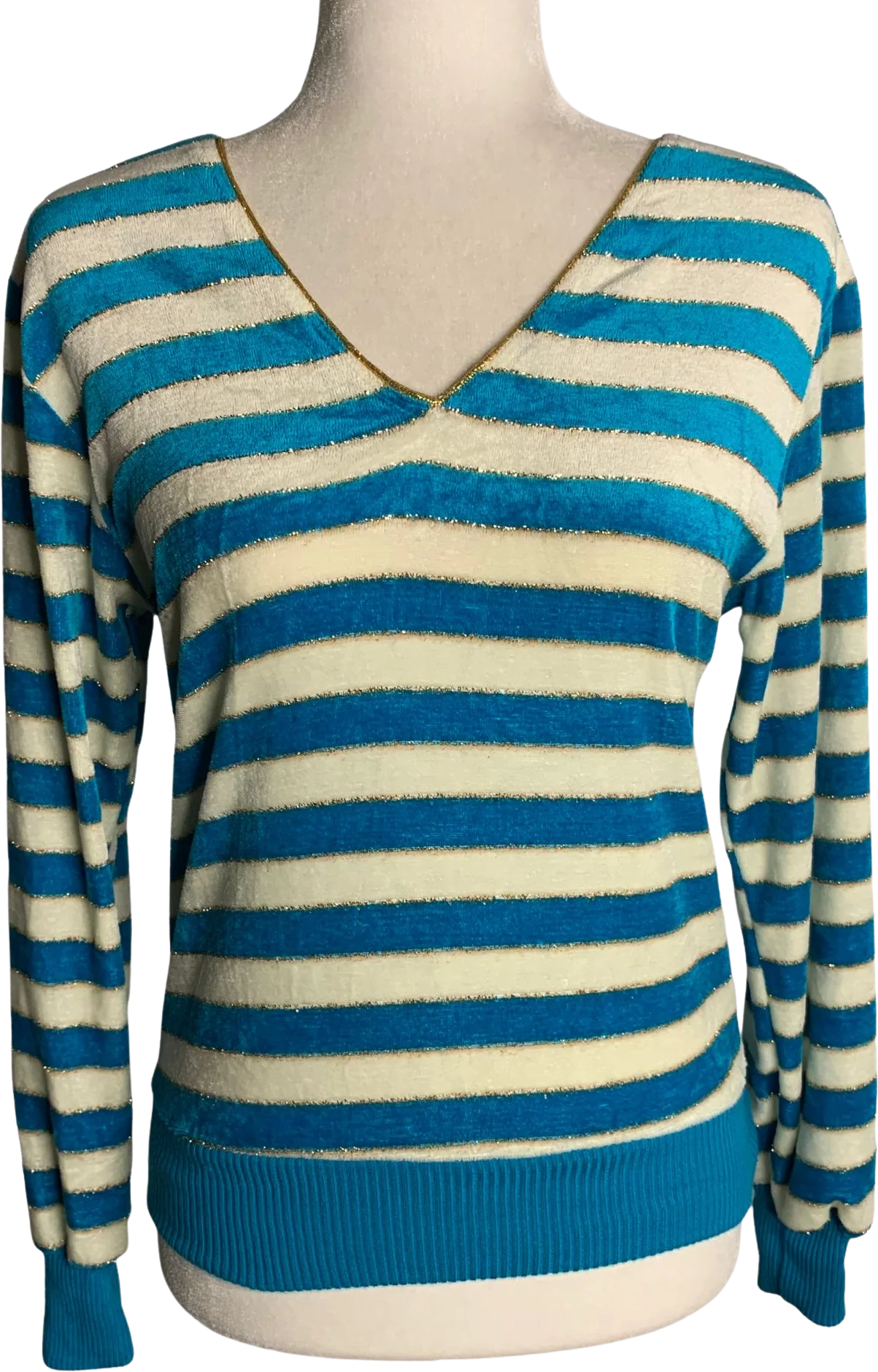 Vintage 70s Disco Metallic Velour Pullover Sweater S Blue Gold Stripe V-Neck by Skiva