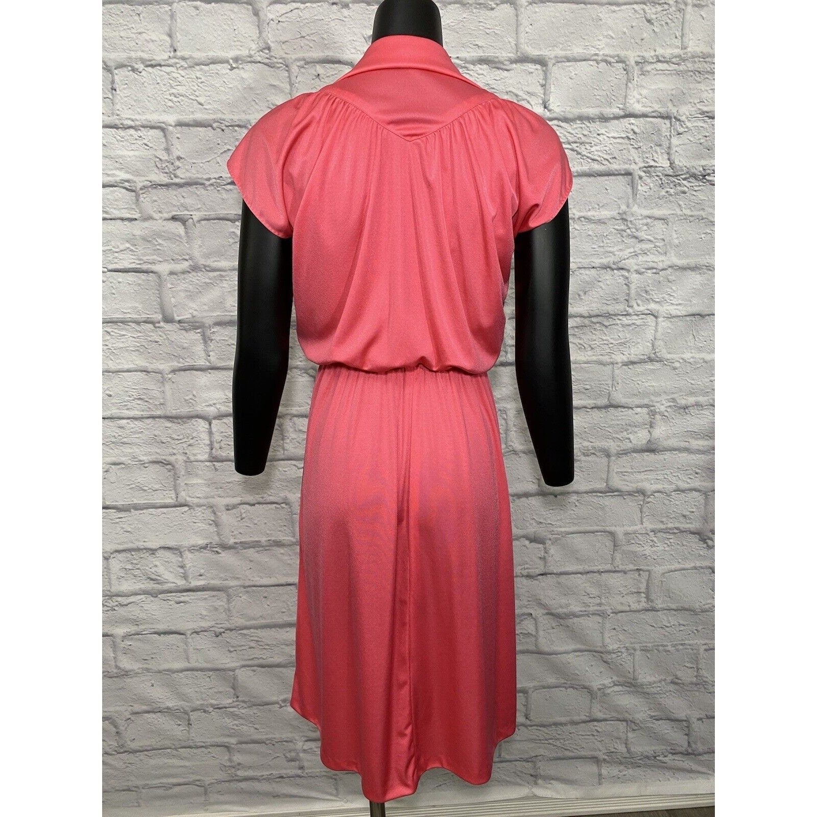 Vintage 70s Disco Nylon Dress Midi Flutter Blouson M Collared Tie Neck - Image 2