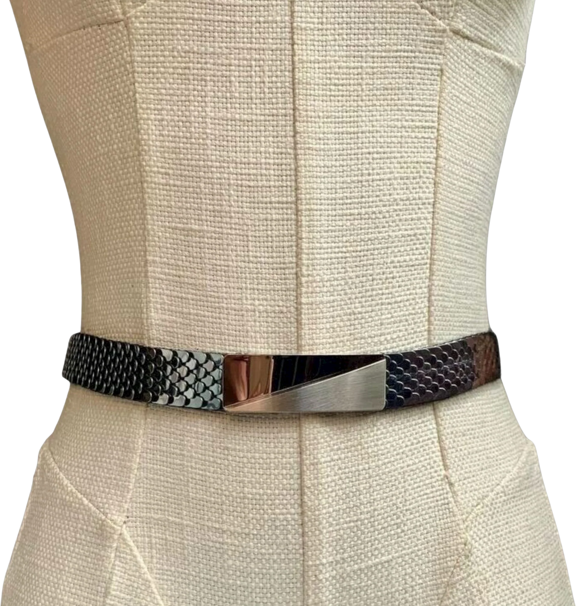 Vintage 70s Disco Women's Silver Black Stretchy Scallop Scales Sequin Belt