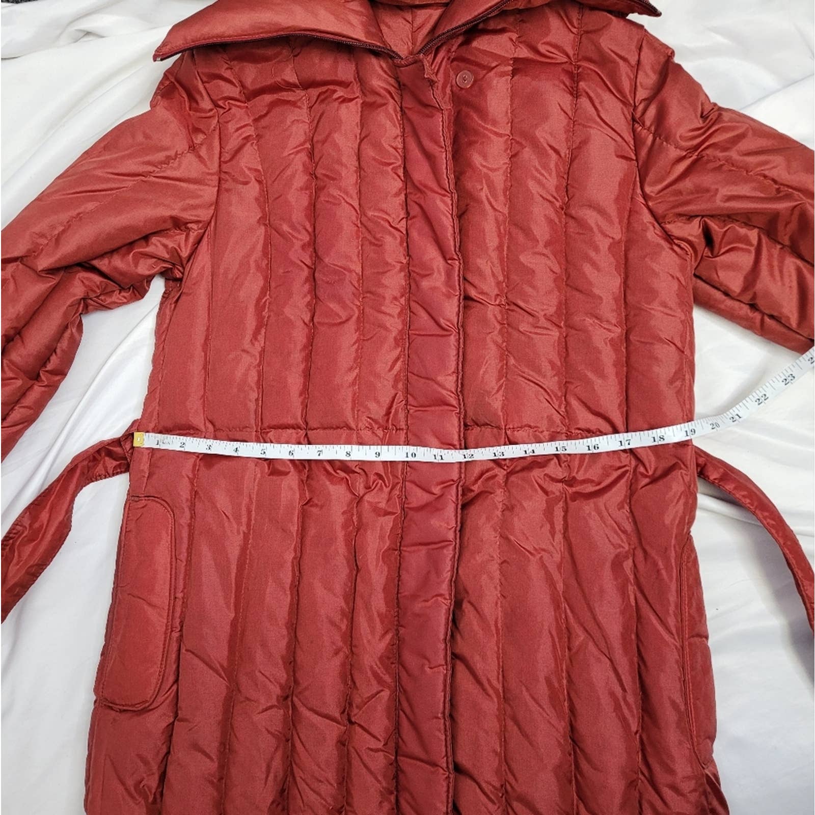 Vintage 70s Down Jacket Rust Orange Long Full Zip Tie Waist Quilted Coat S by Sharpe - Image 14